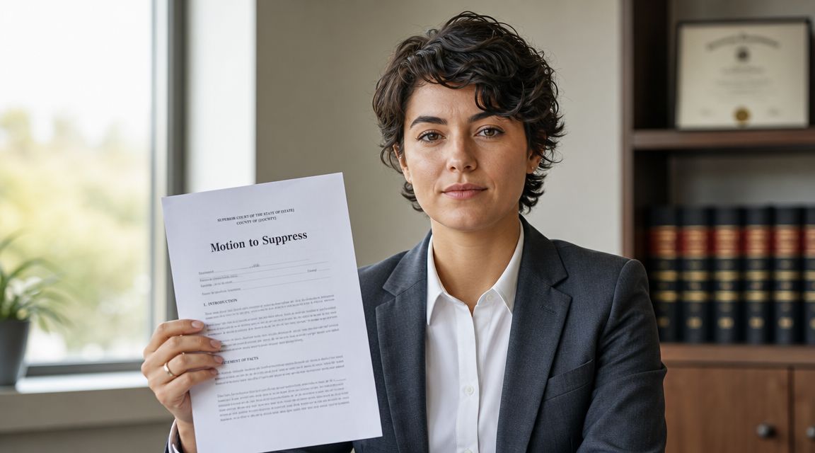 A professional lawyer holding a motion to suppress legal document in a modern office law firm setting.
