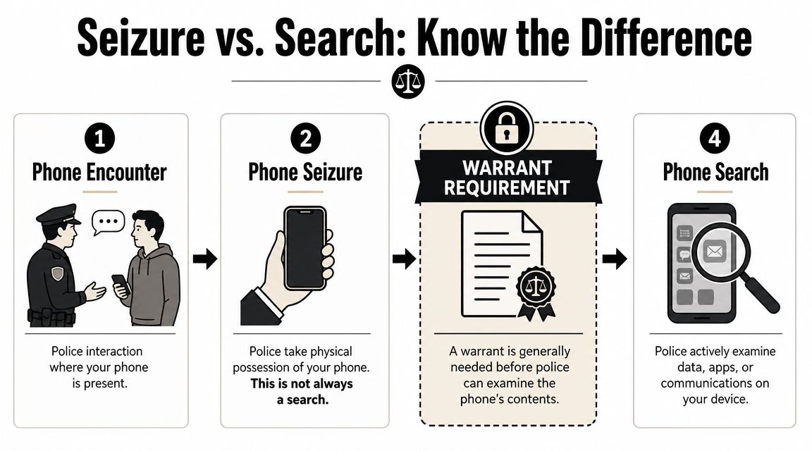 An infographic showing the four steps of phone interaction, seizure, warrant requirement, and search by police officers.