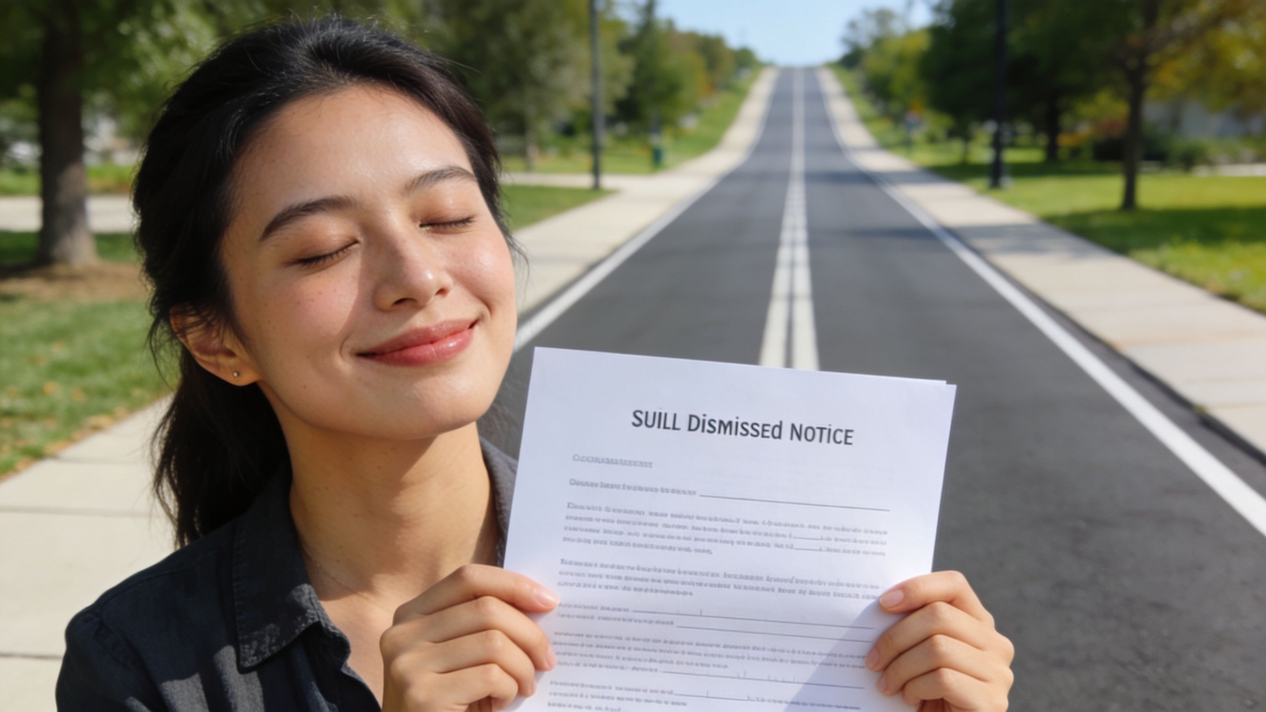 A happy woman holding a dismissal notice document while standing on a quiet suburban road.