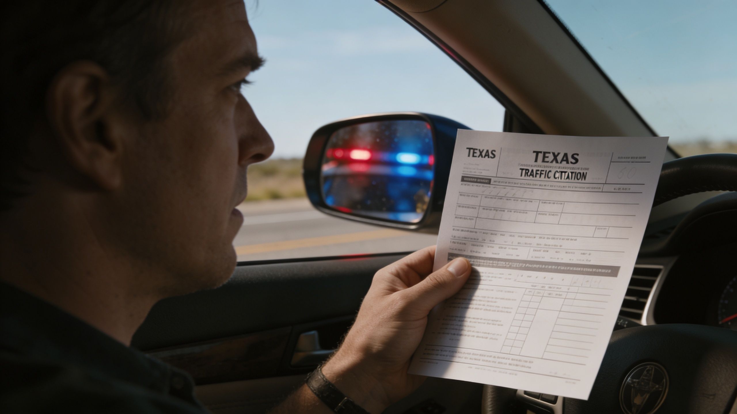 A man sitting in his car holds a Texas traffic citation while looking at a police car's reflection.