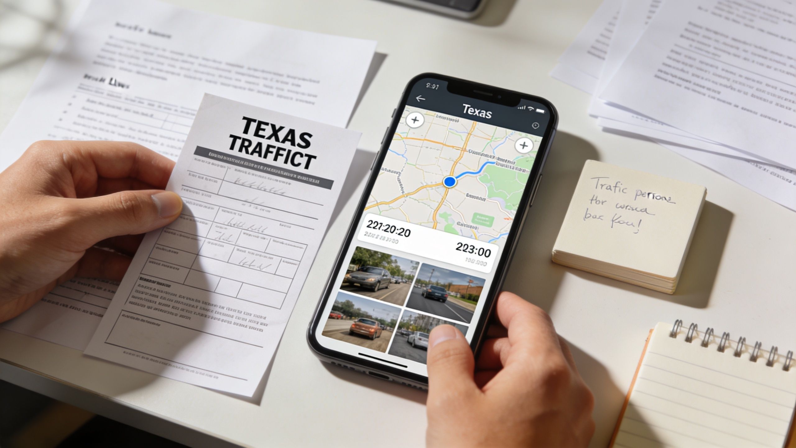 A person holds a Texas traffic ticket and a smartphone displaying a map and road surveillance photos.