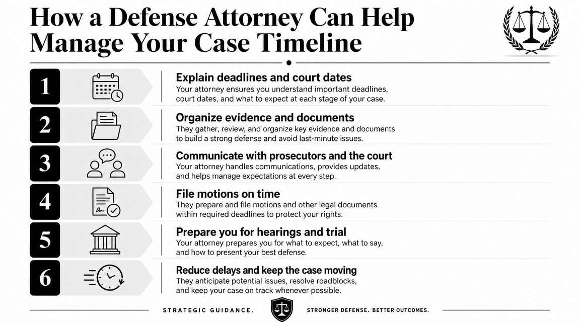 A numbered infographic explaining how a criminal defense attorney helps manage your case timeline effectively.