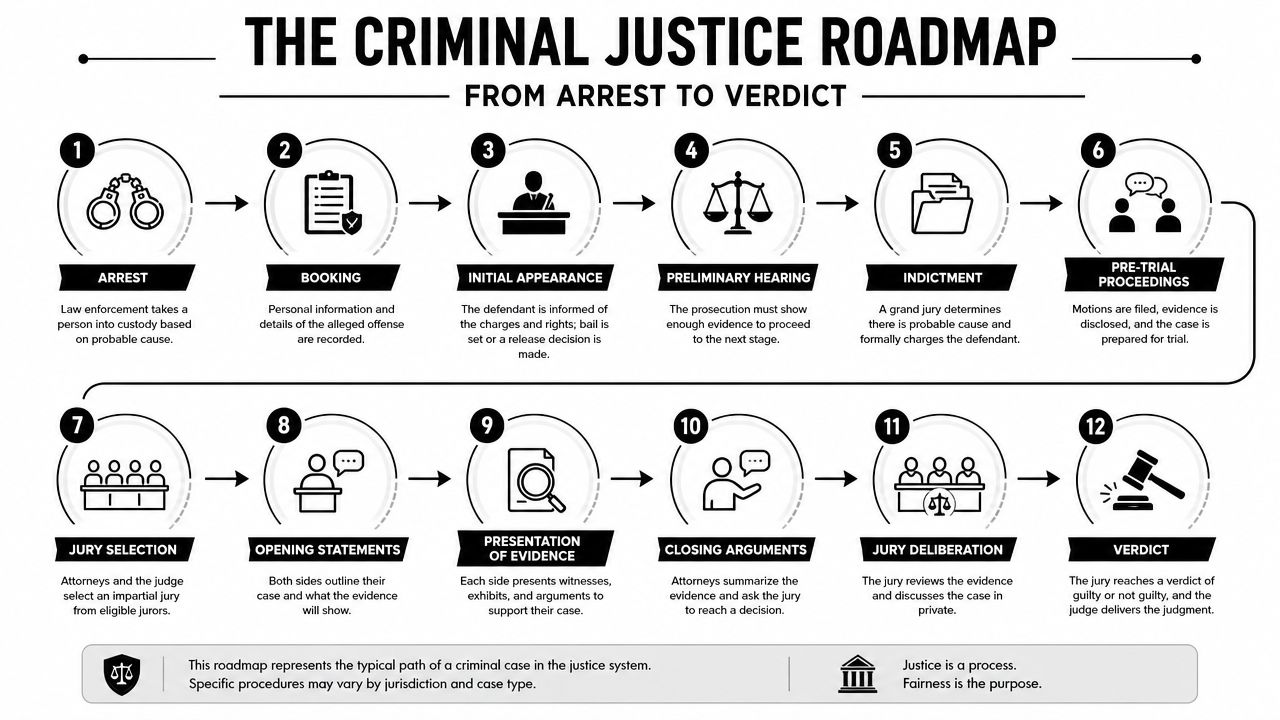 An infographic titled The Criminal Justice Roadmap detailing the twelve-step legal process from arrest to final verdict.