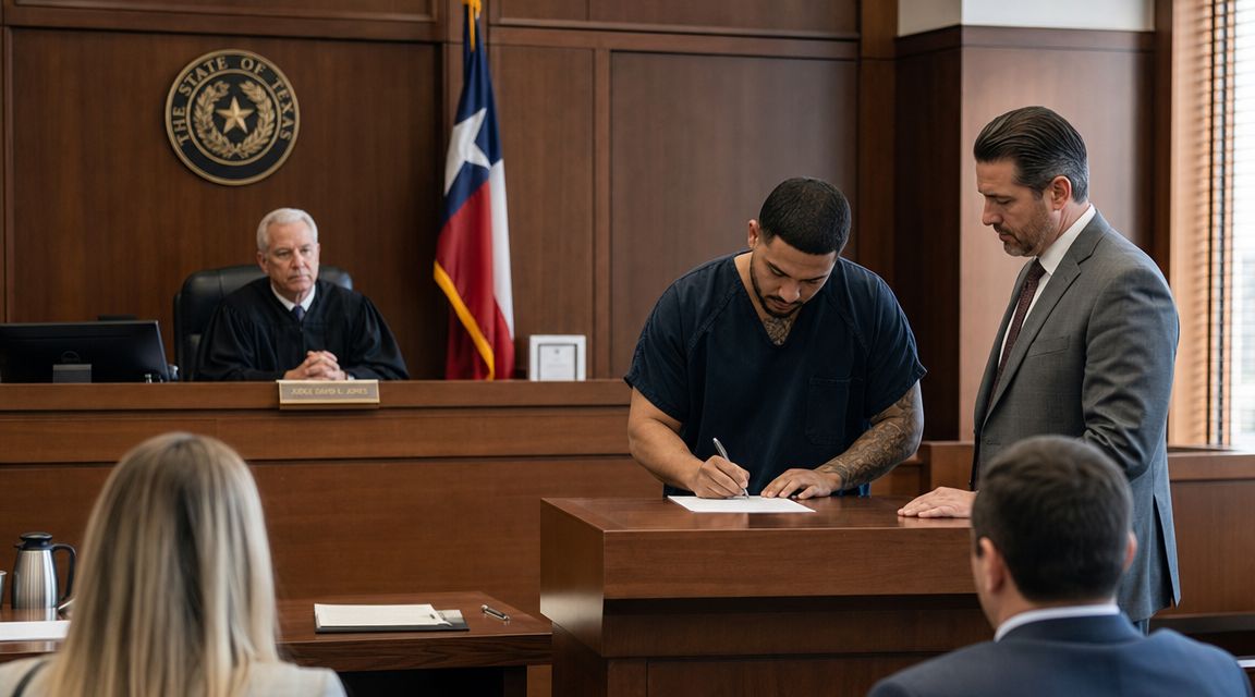 A defendant in a Texas courtroom signs a plea agreement with his attorney before the judge.