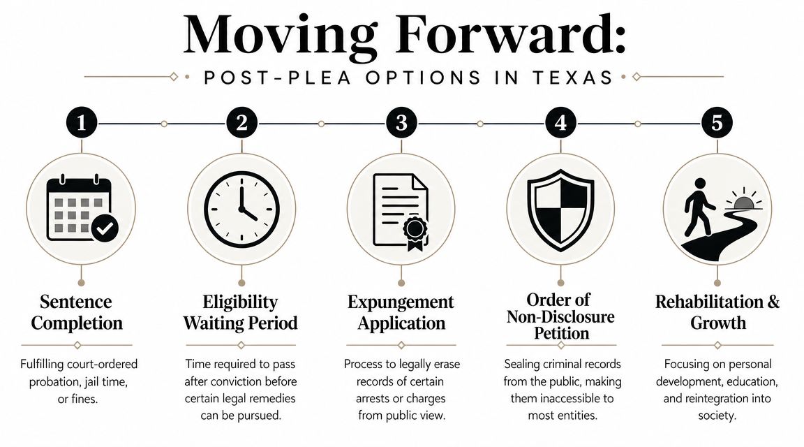 A five-step infographic explaining post-plea legal options in Texas for criminal cases and rehabilitation.