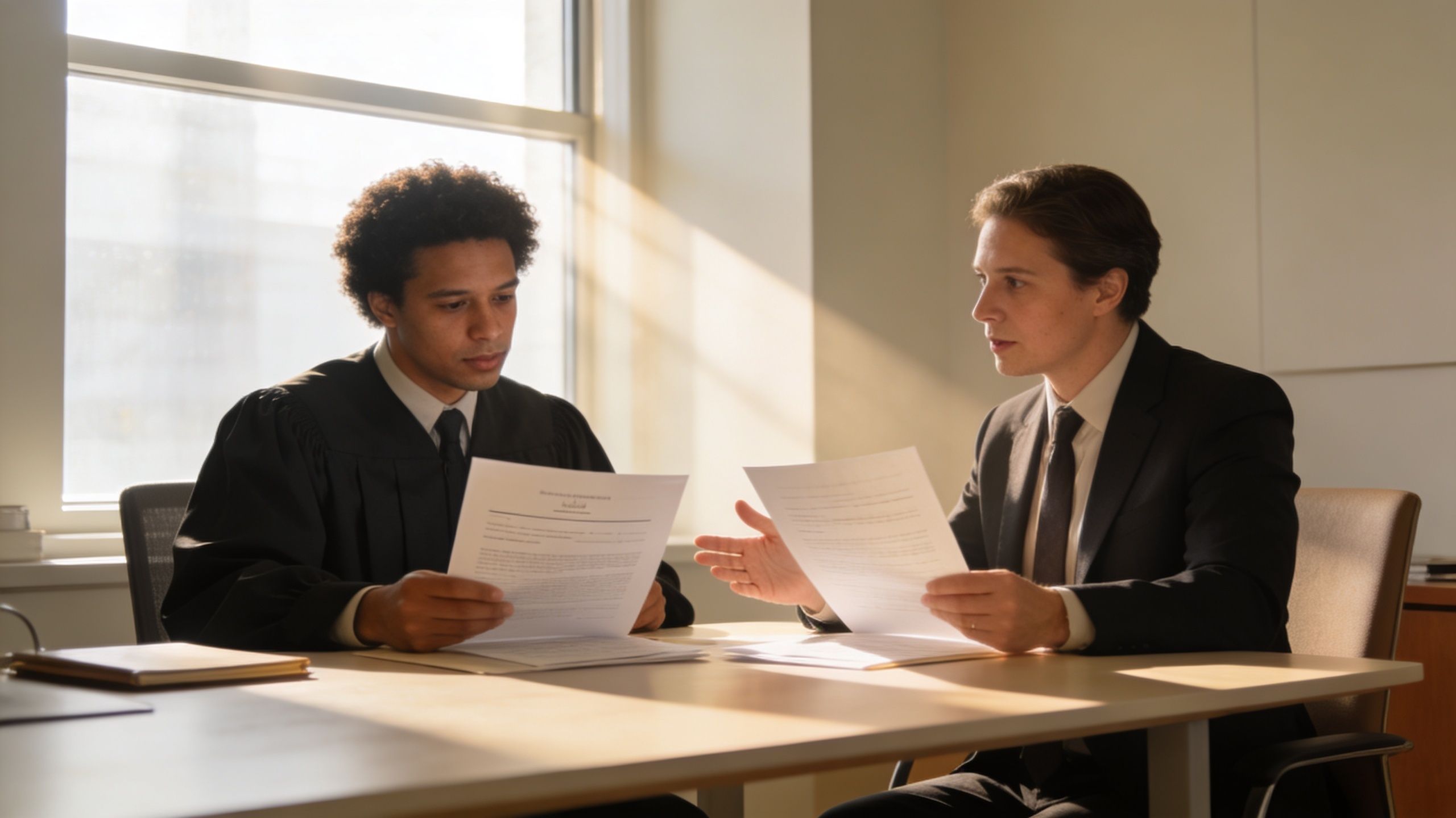 A prosecutor and a lawyer reviewing legal documents while sitting together at a bright office table.