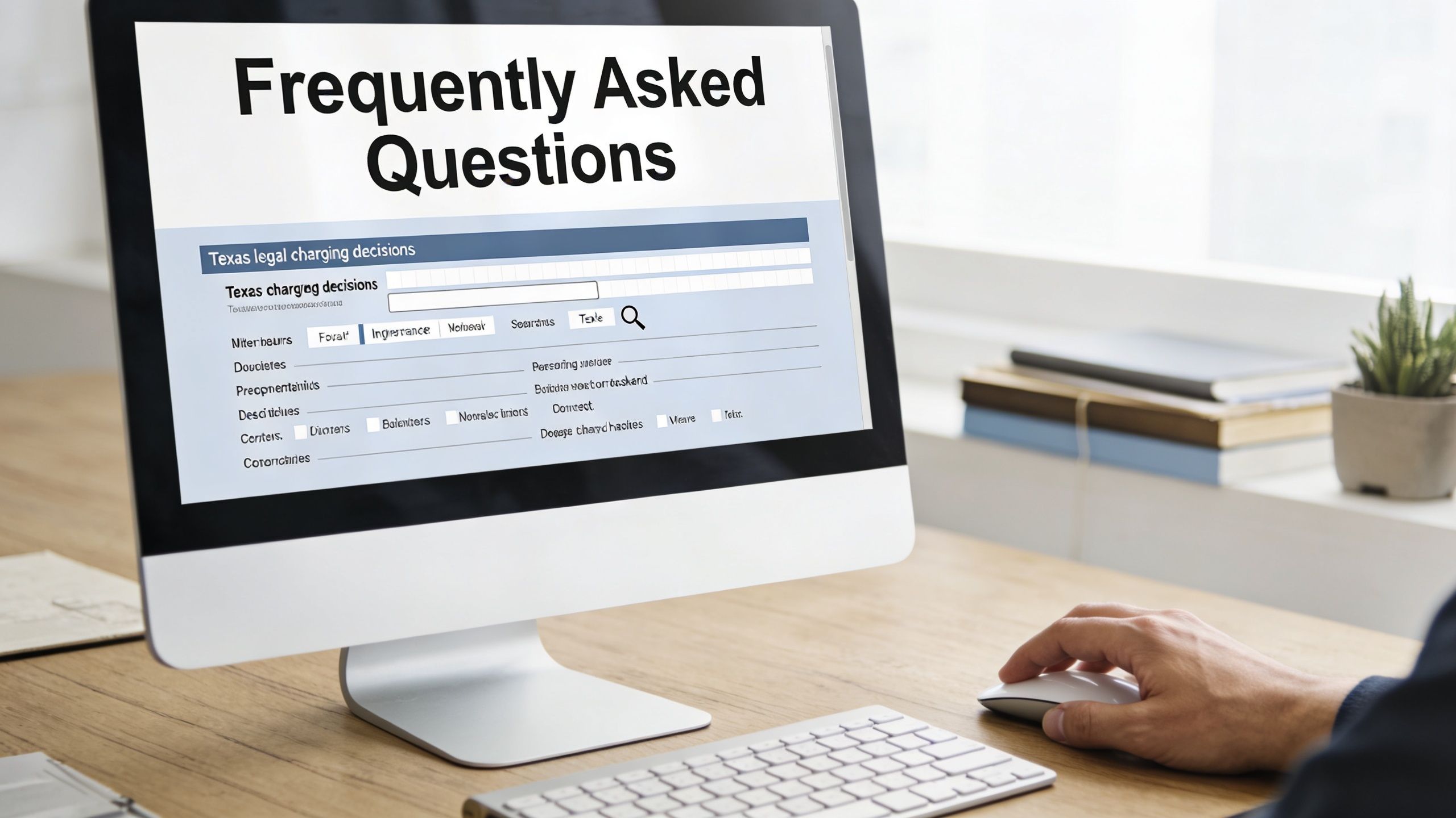 A person uses a computer to search for information about Texas legal charging decisions on a website.