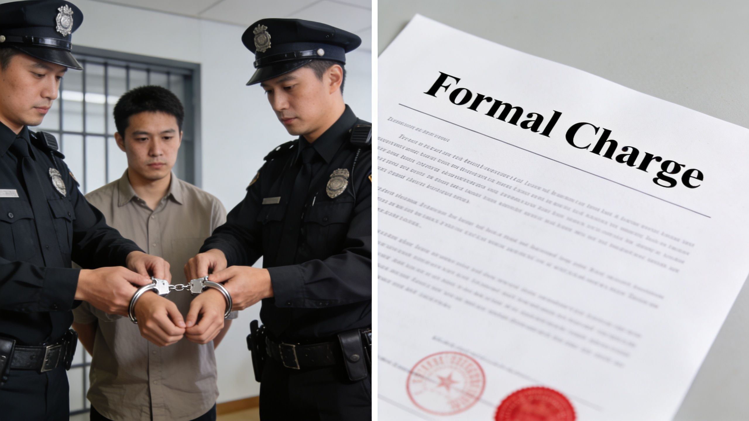 Two police officers handcuffing a suspect alongside a formal charge legal document.