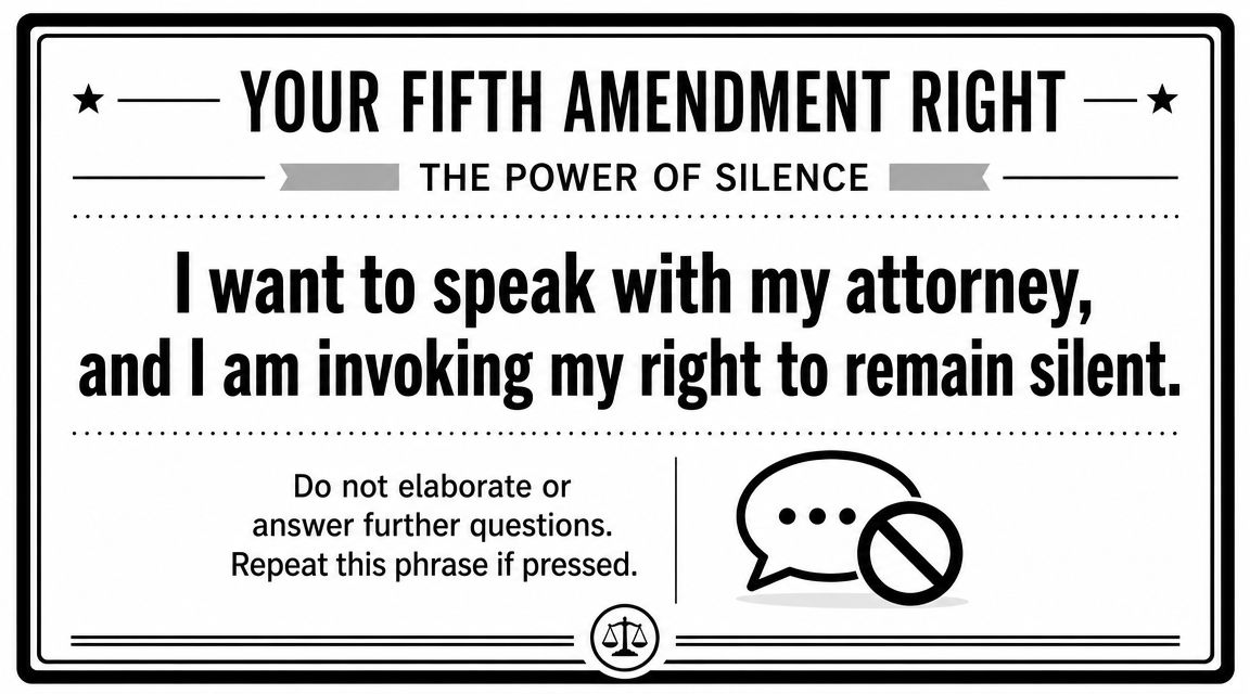 A legal rights card stating the user wants an attorney and is invoking their right to silence.