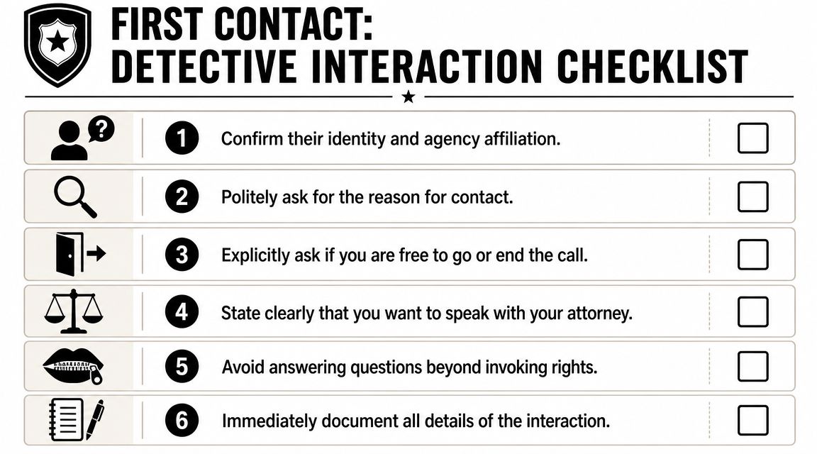 A six-step checklist titled First Contact: Detective Interaction Checklist showing guidelines for dealing with law enforcement.