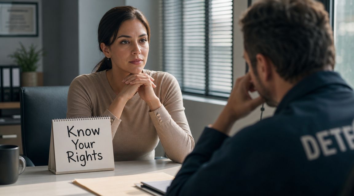 A woman sits across from a detective in an office, with a sign reading Know Your Rights.