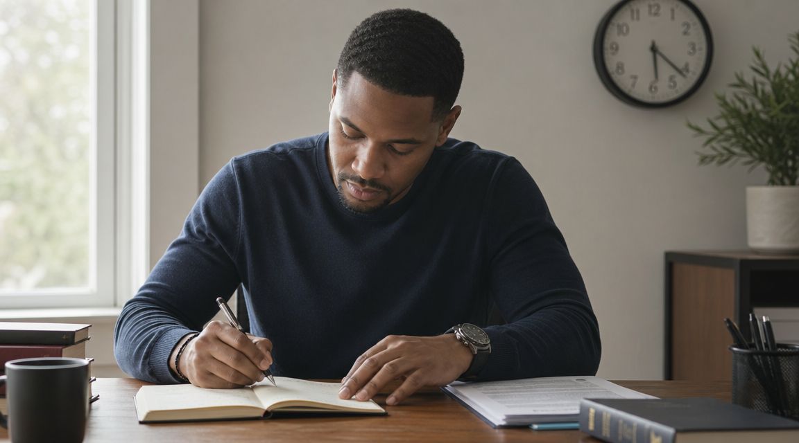 A focused man wearing a dark sweater writing in a journal while sitting at a desk.