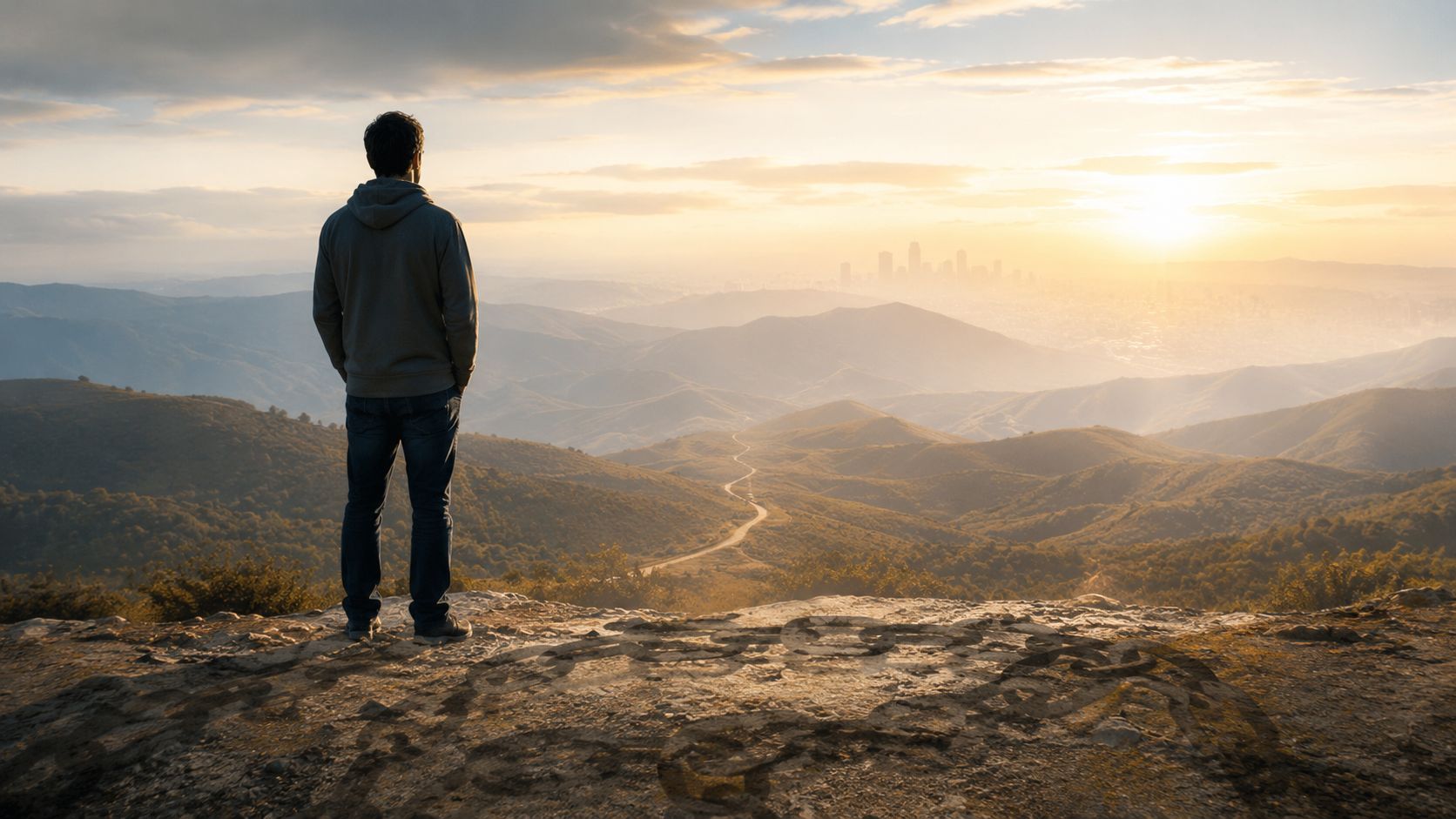 A person standing on a mountain peak overlooking a city during a beautiful sunrise.