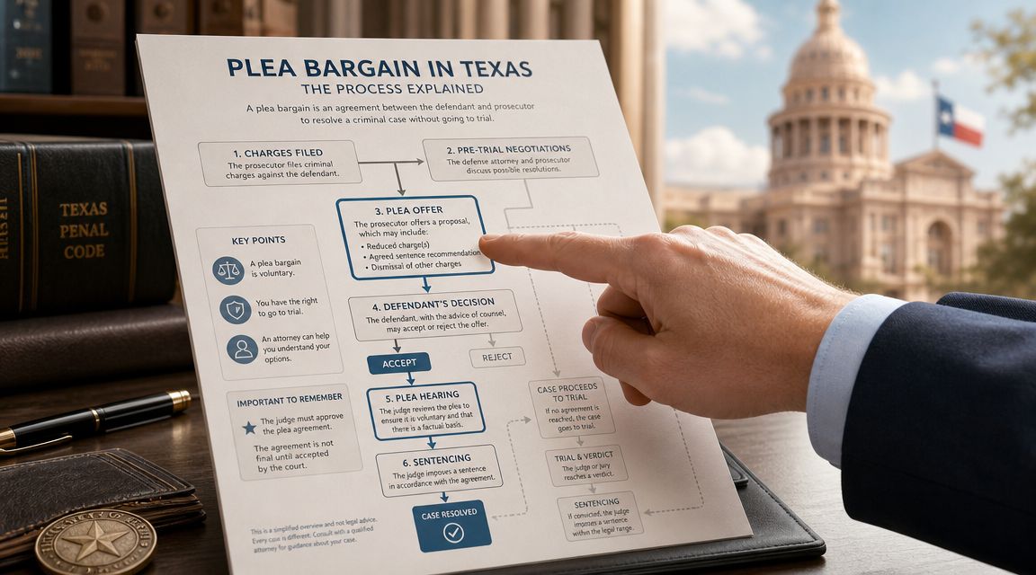 A hand points to a flowchart titled Plea Bargain in Texas explaining the legal criminal process.