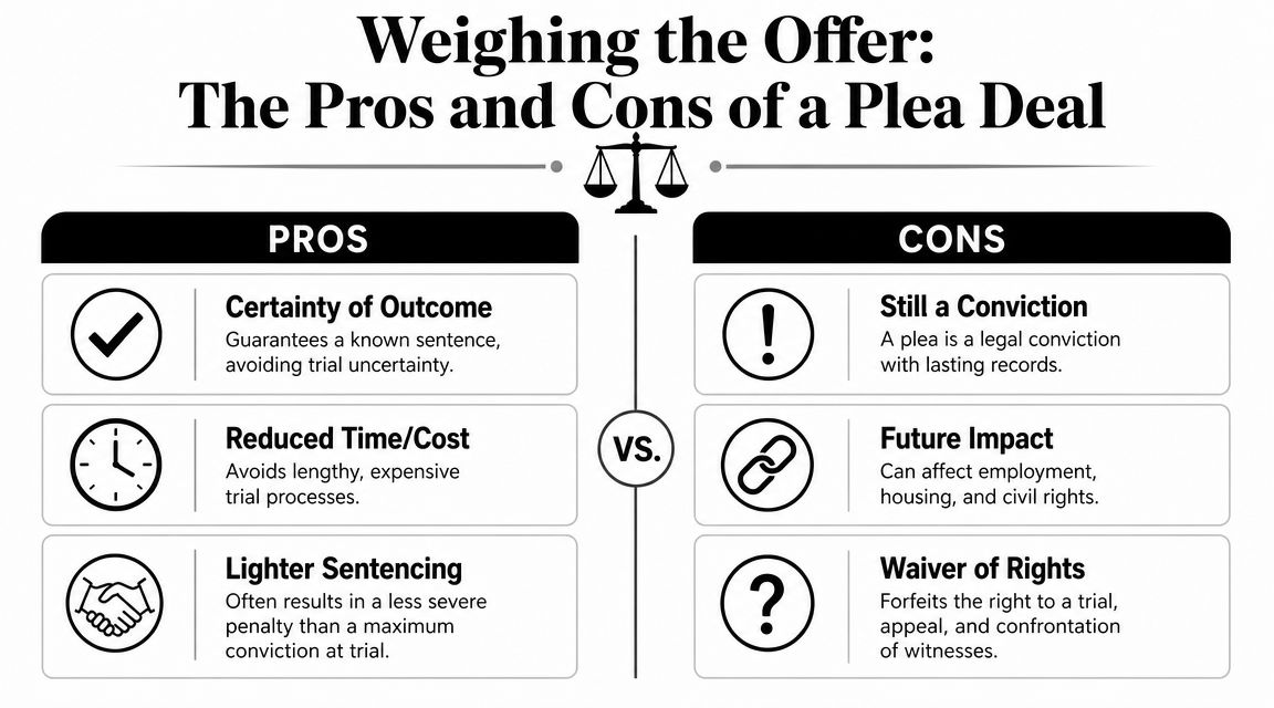 A comparative chart showing the pros and cons of accepting a criminal plea deal in legal cases.