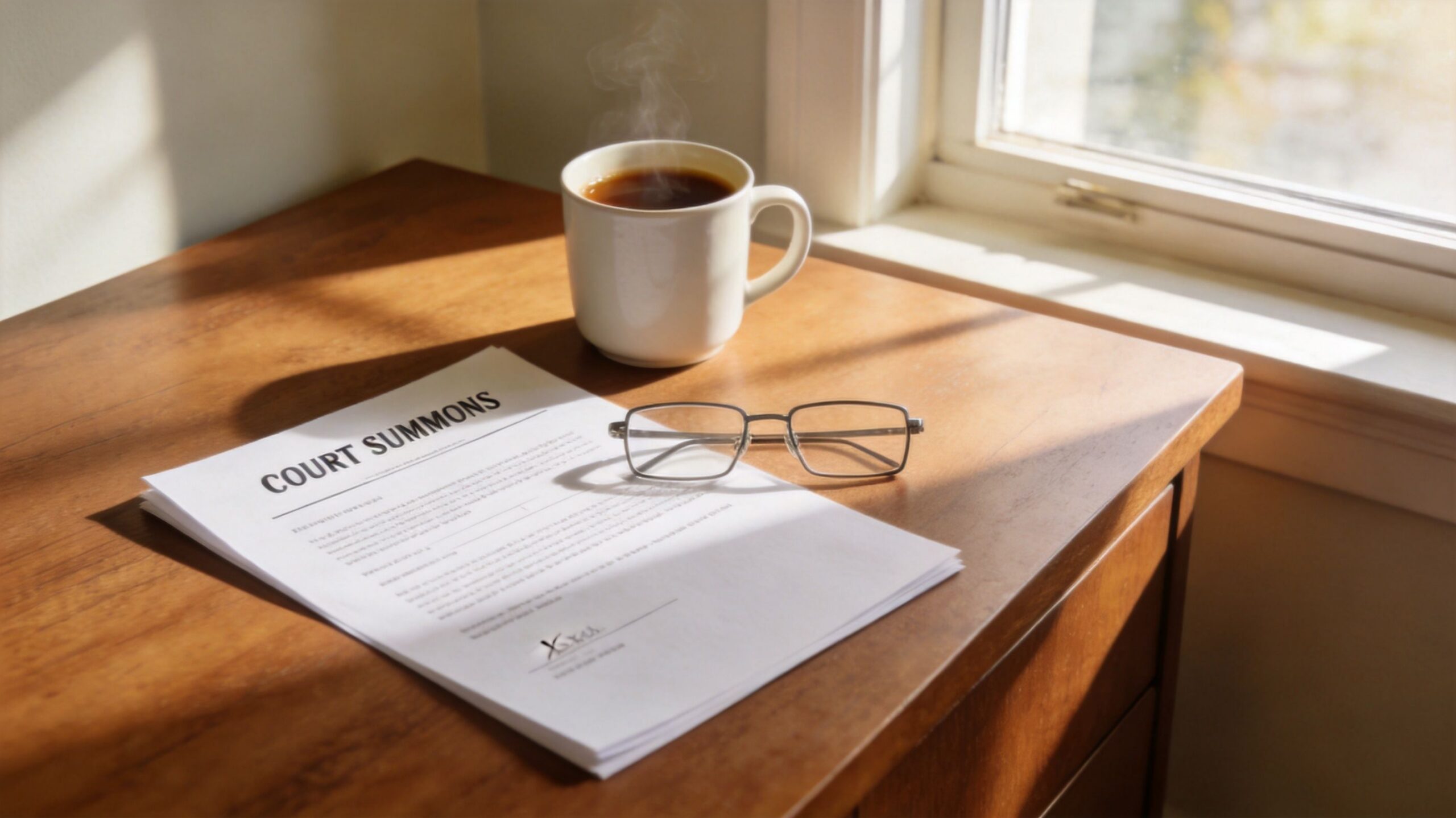 A cup of coffee, a pair of glasses, and a court summons document resting on a wooden table.