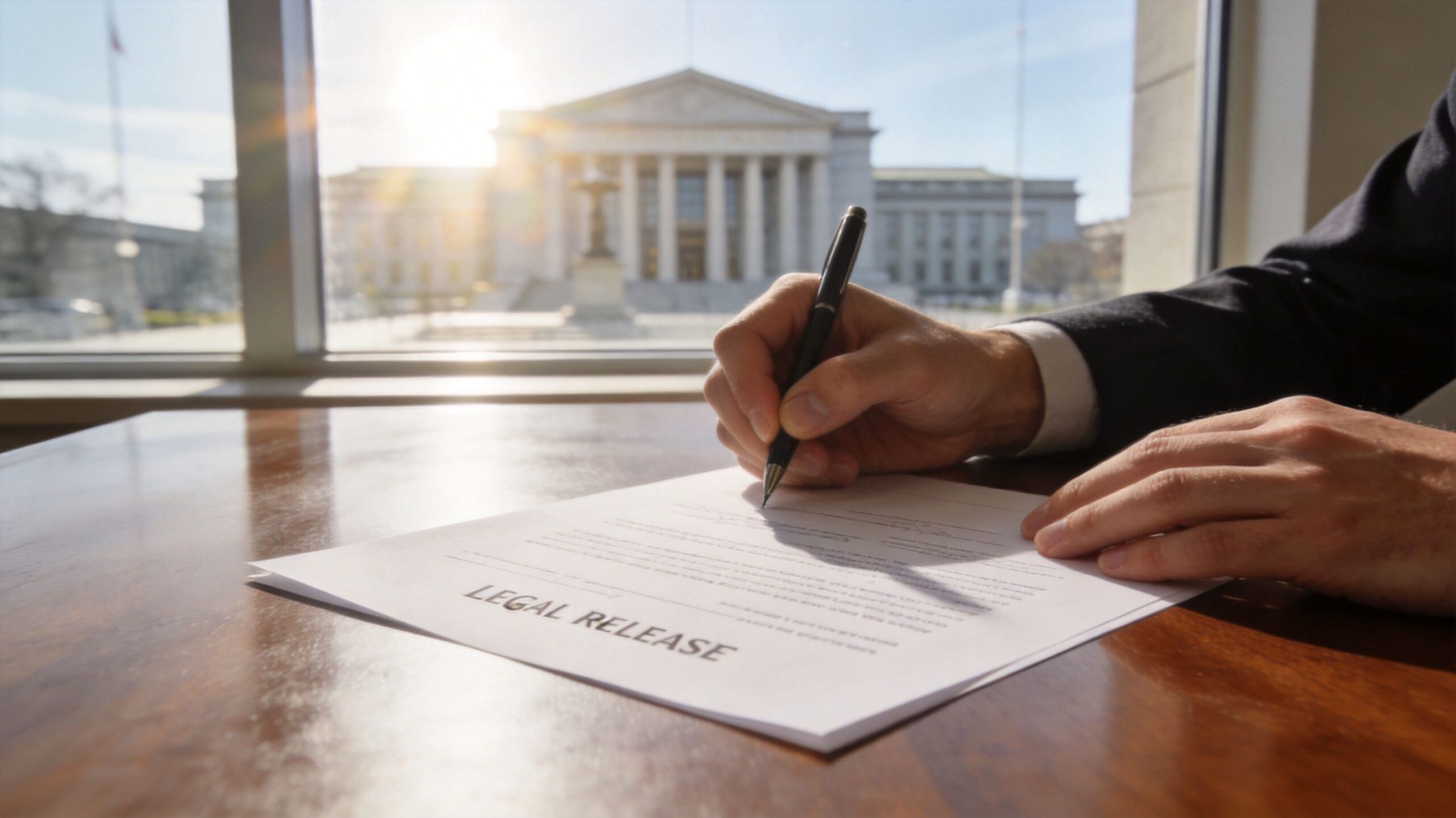 A man in a suit signs a legal release document with a view of a courthouse behind.