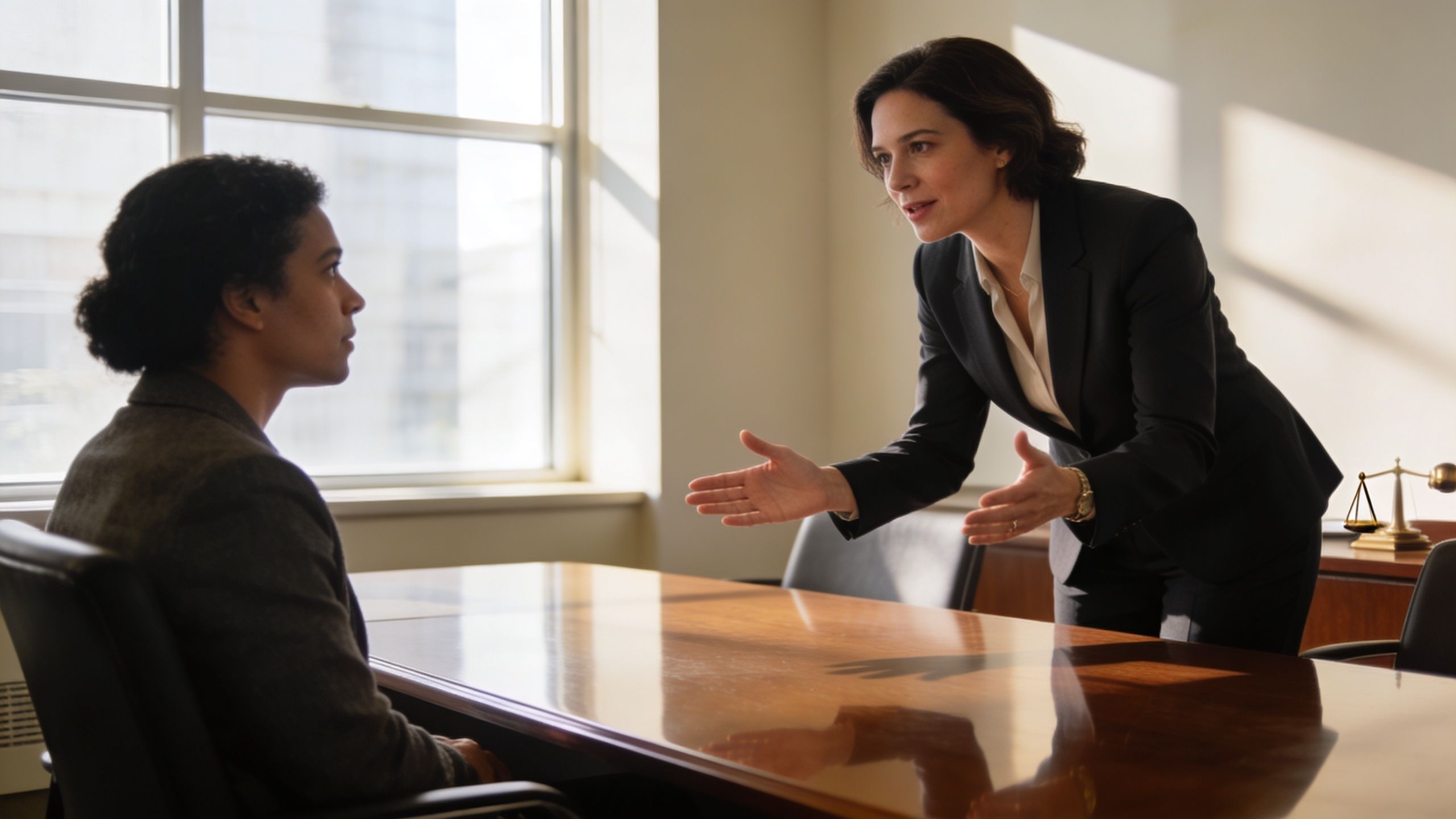A female lawyer in a suit leans over a wooden desk talking to her client in an office.