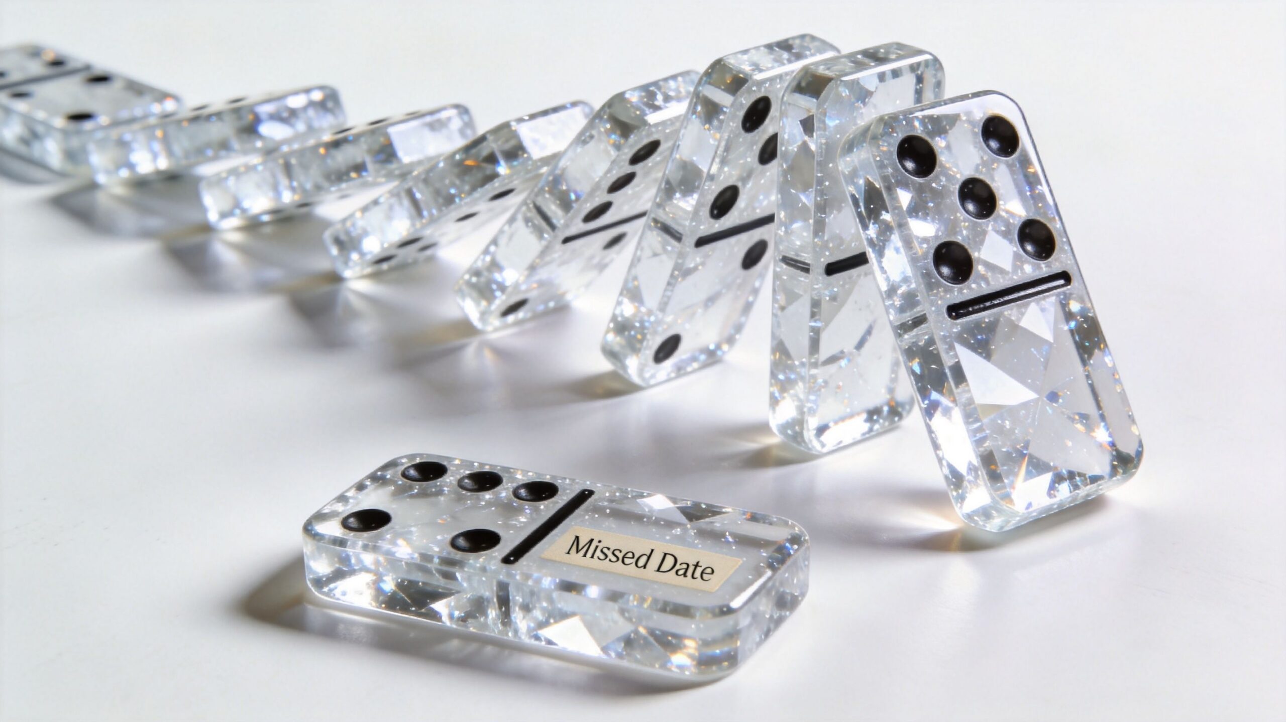 A line of crystal dominoes falling over next to a horizontal domino labeled with Missed Date.