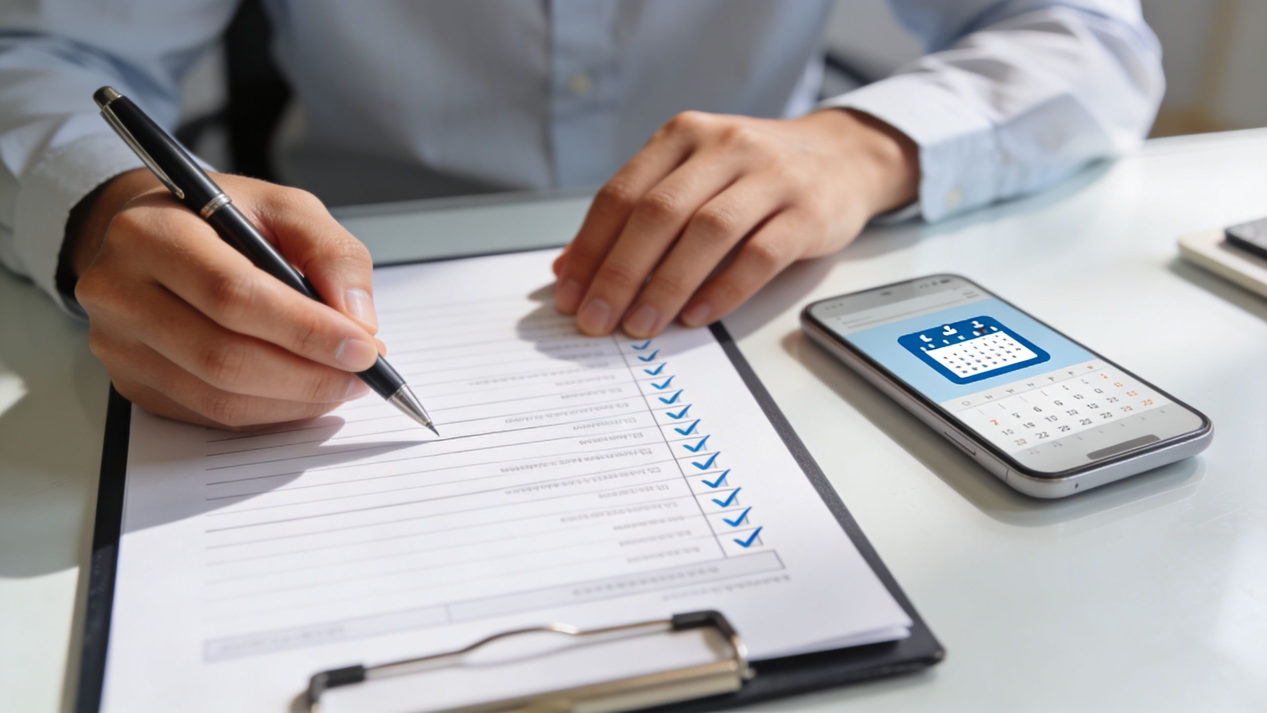 A professional filling out a checklist on a clipboard with a smartphone showing a calendar nearby.