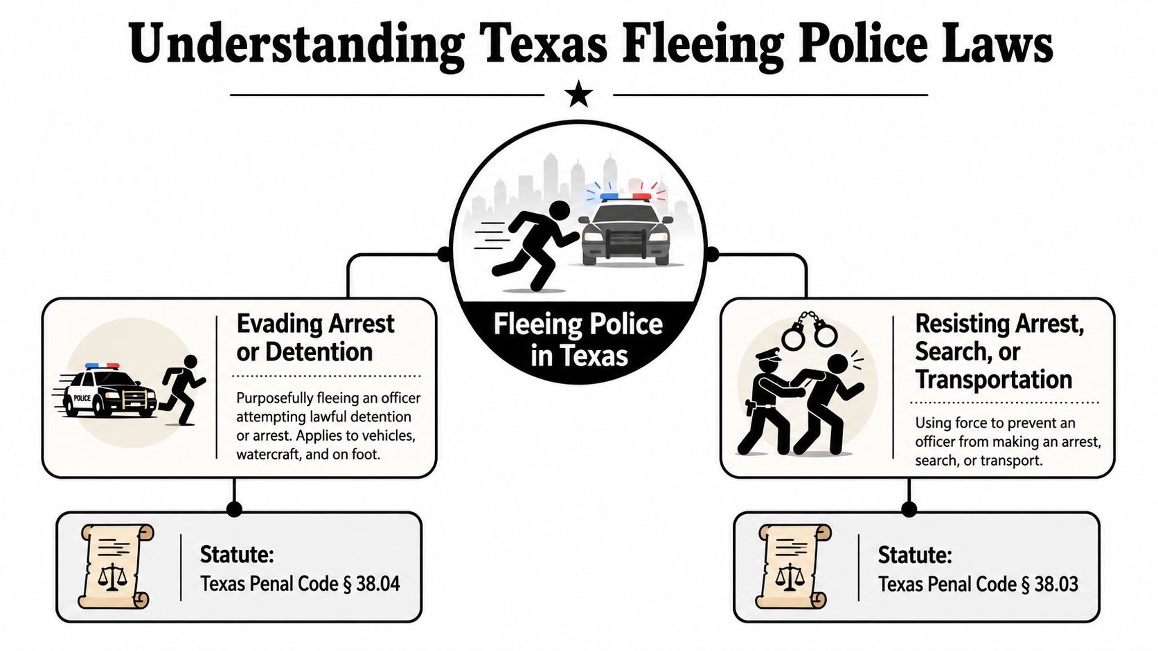 An infographic illustrating Texas laws regarding evading arrest or detention versus resisting arrest, search, or transportation.