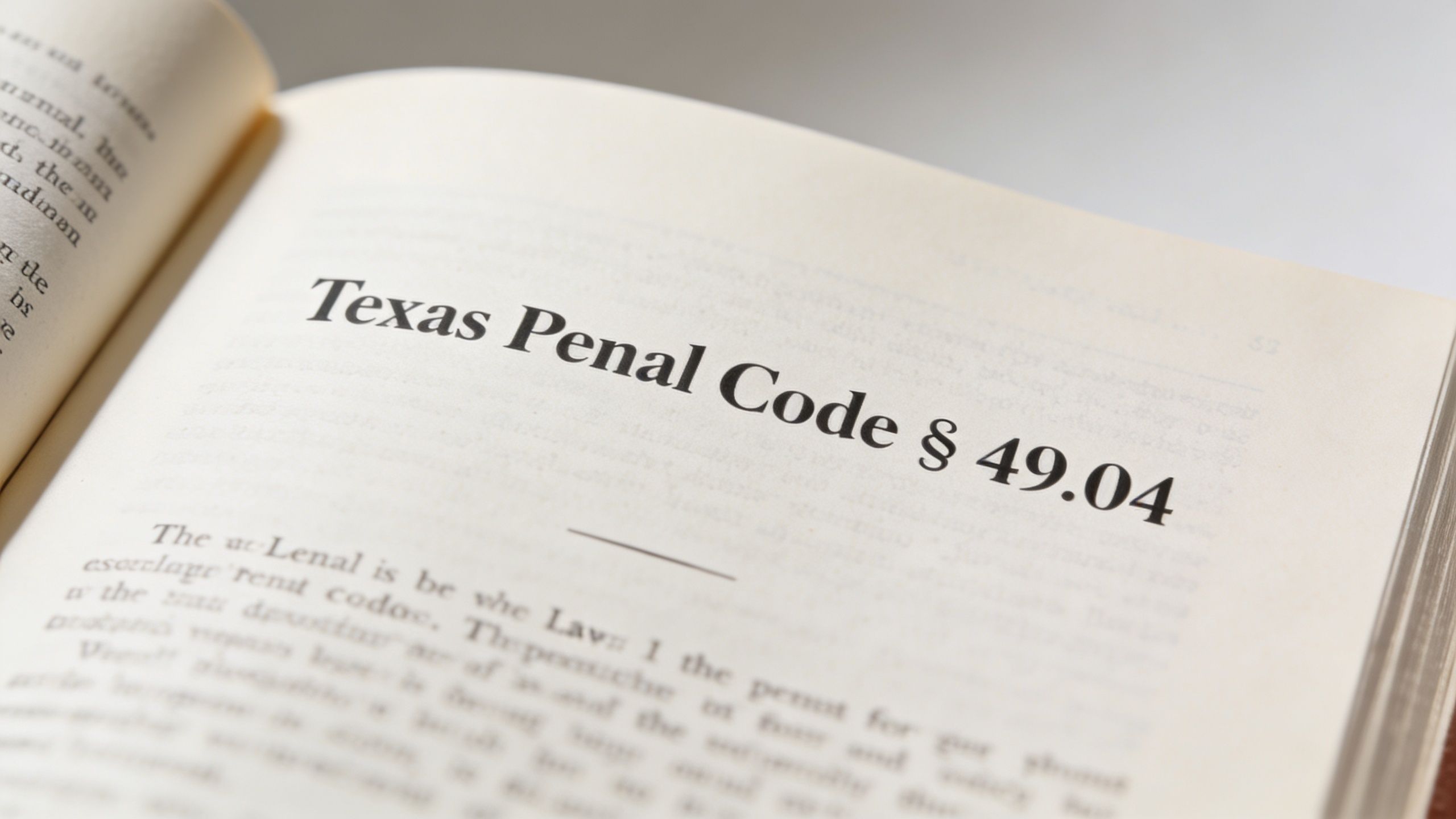 A close-up of a book page titled Texas Penal Code section 49.04, which defines driving while intoxicated.