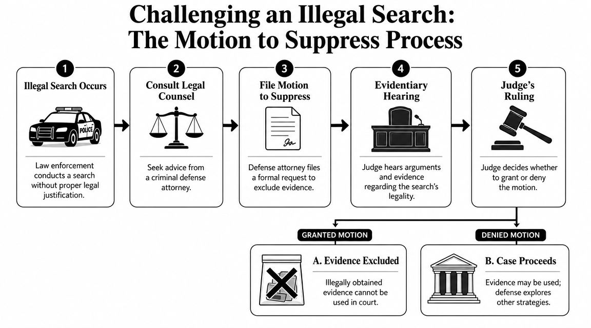 A flowchart detailing the five-step legal process for challenging an illegal search in a criminal case.