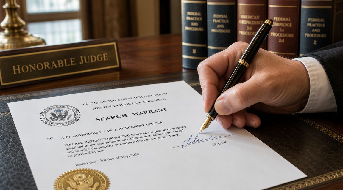 A judge's hand signs a formal search warrant document at a wooden desk with law books.