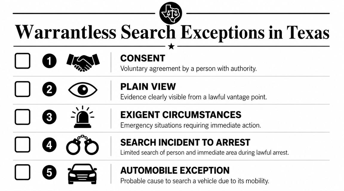 An infographic titled Warrantless Search Exceptions in Texas listing five key legal exceptions for police searches.
