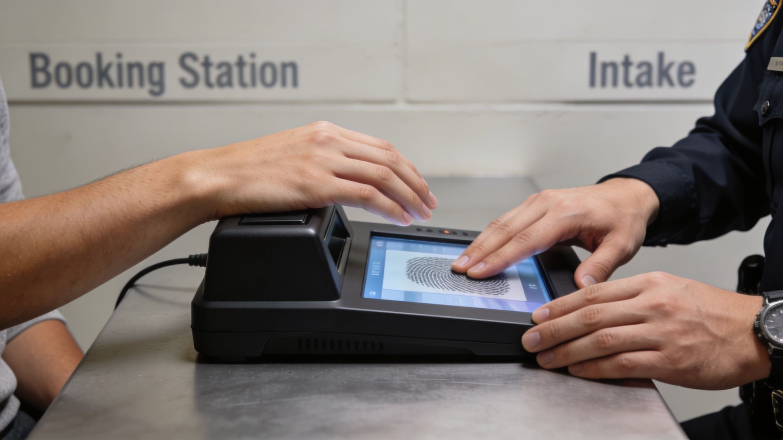 An officer scanning the fingerprints of an individual during the booking process at a police station.