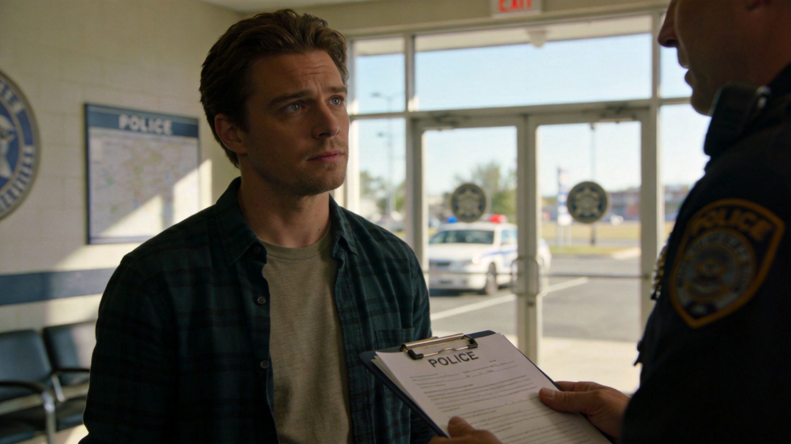 A man looking serious while a police officer holds a clipboard inside a station.