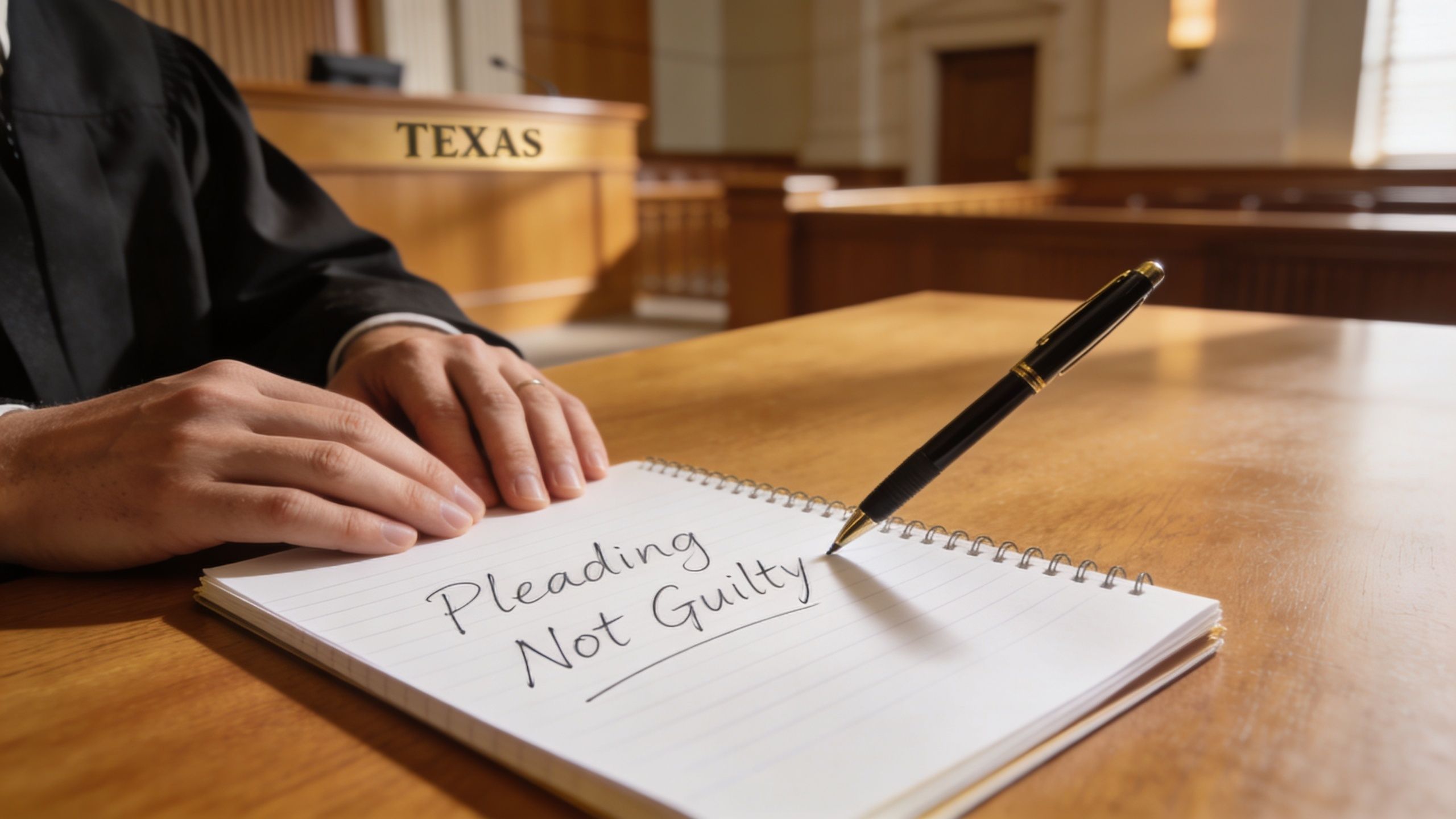 A judge in a Texas courtroom prepares to write the phrase Pleading Not Guilty in a notebook.