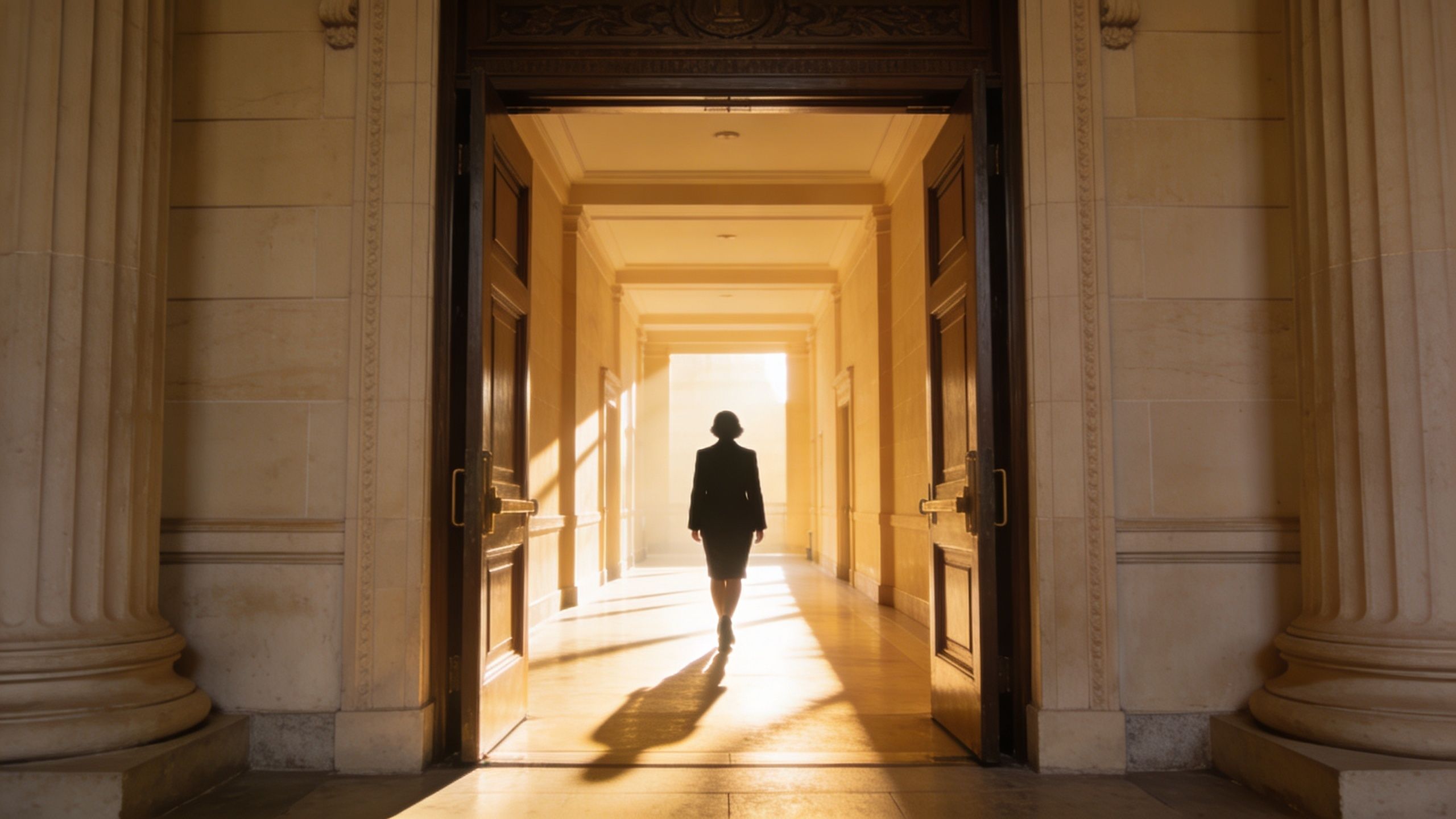 A silhouette of a professional woman walking through a grand, sunlit hallway toward an open doorway.