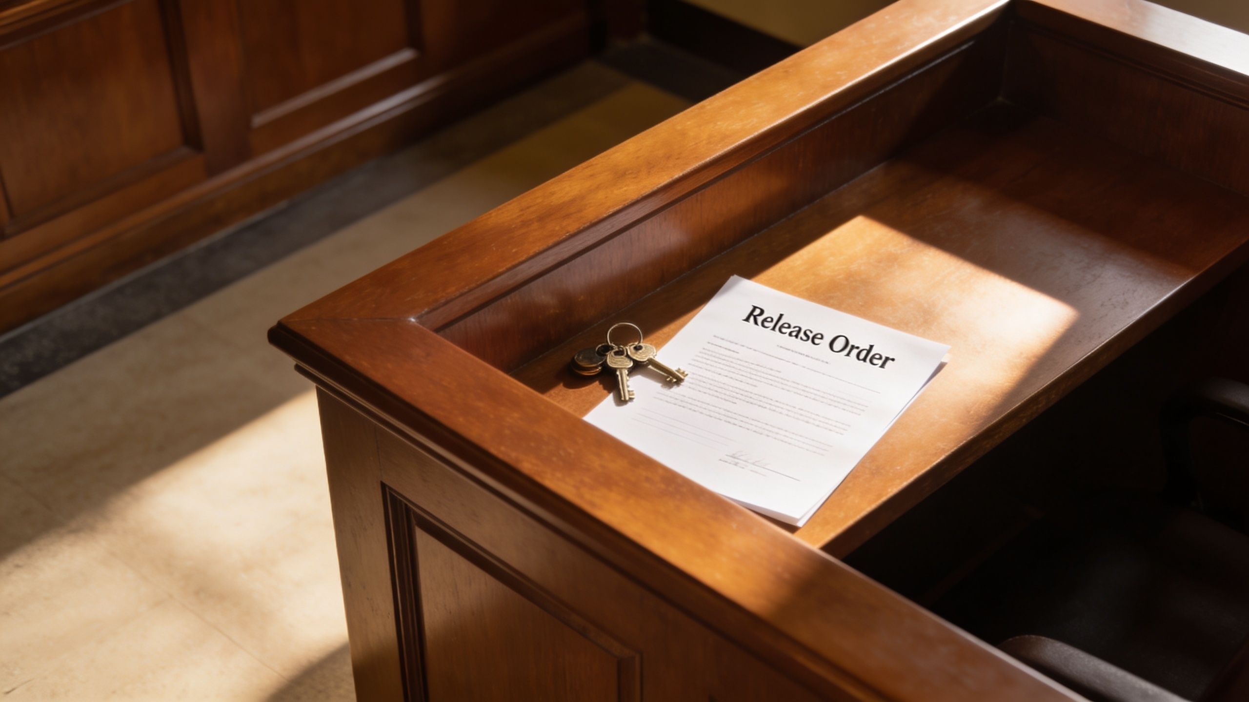 A document titled Release Order with a set of keys resting on a wooden legal podium.