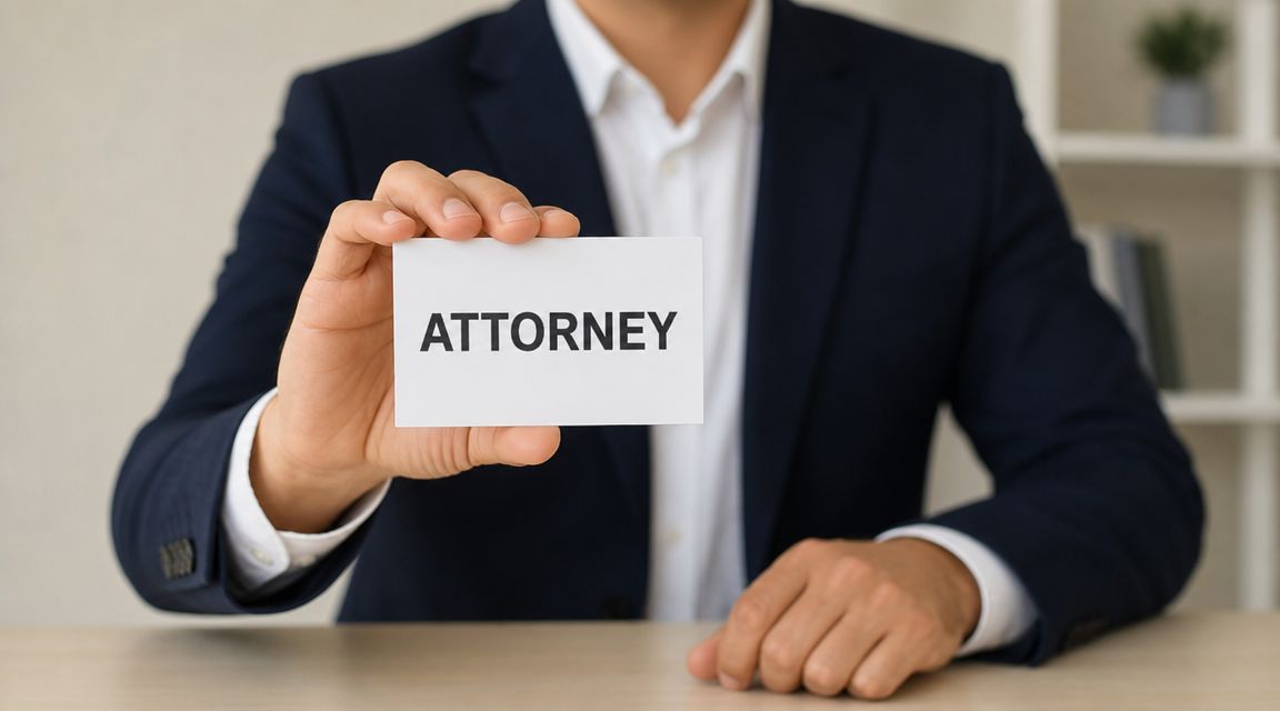 A professional man in a navy suit holding a white card with the word ATTORNEY printed on it.
