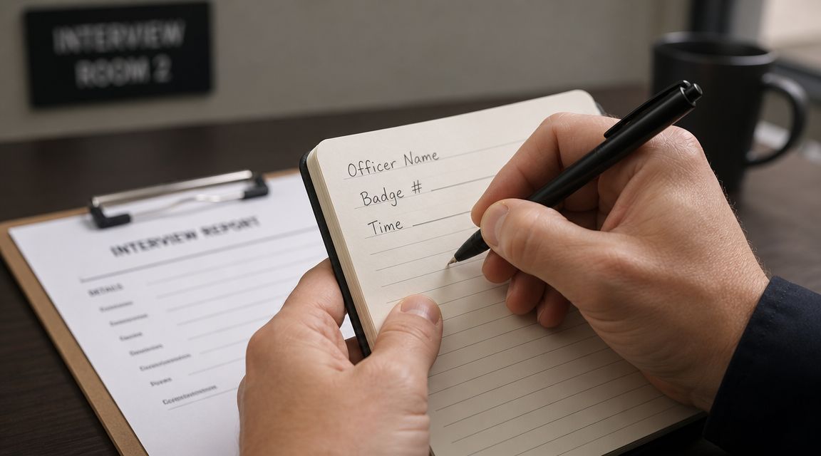 A police officer writing in a notebook during an interview in a station interview room.