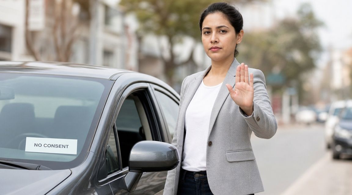 A professional woman standing beside a car holding her hand up to signal a stop.