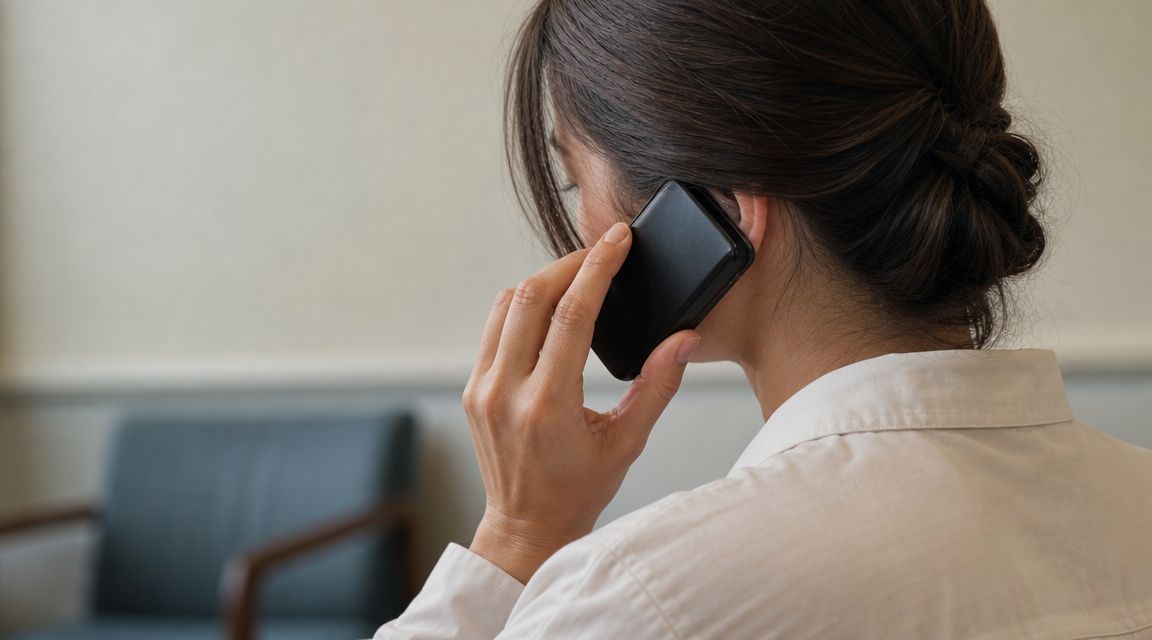 A woman in a white blouse is speaking on a black smartphone while sitting in an office.