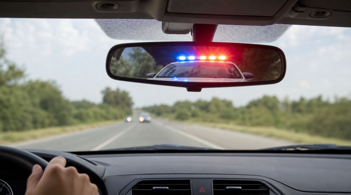 A driver's view from inside a car looking at a police vehicle with flashing lights in rearview mirror.