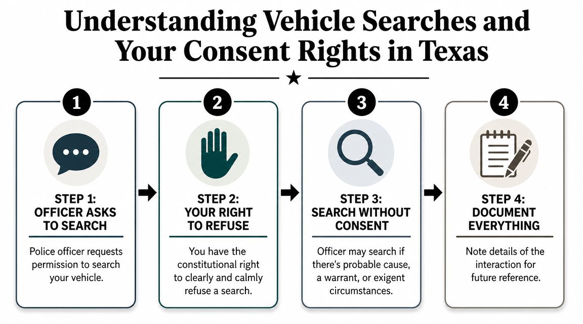 An infographic titled Understanding Vehicle Searches and Your Consent Rights in Texas outlining four steps of a traffic stop.