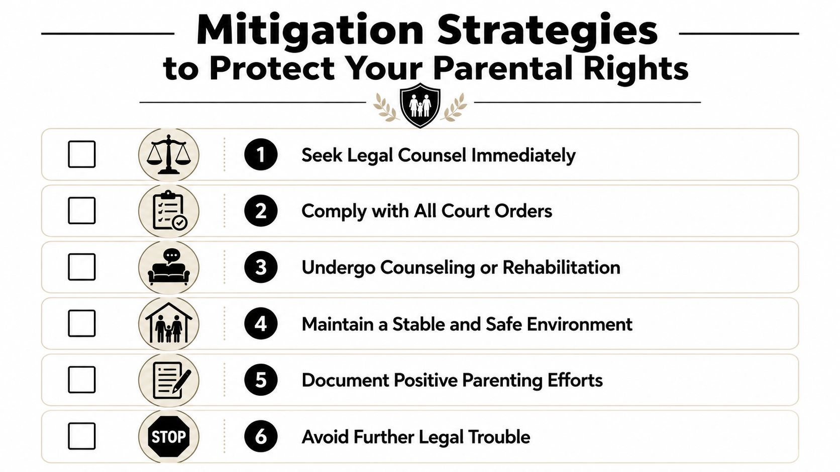 A checklist infographic titled Mitigation Strategies to Protect Your Parental Rights with six practical steps.