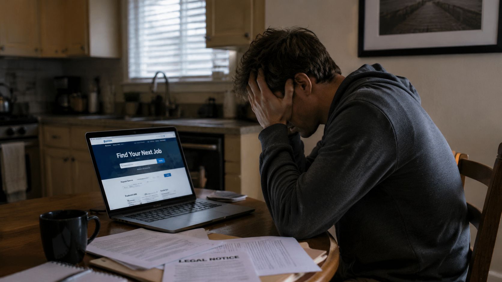 A distressed man sitting at a kitchen table looking at a job search website while stressed by paperwork.