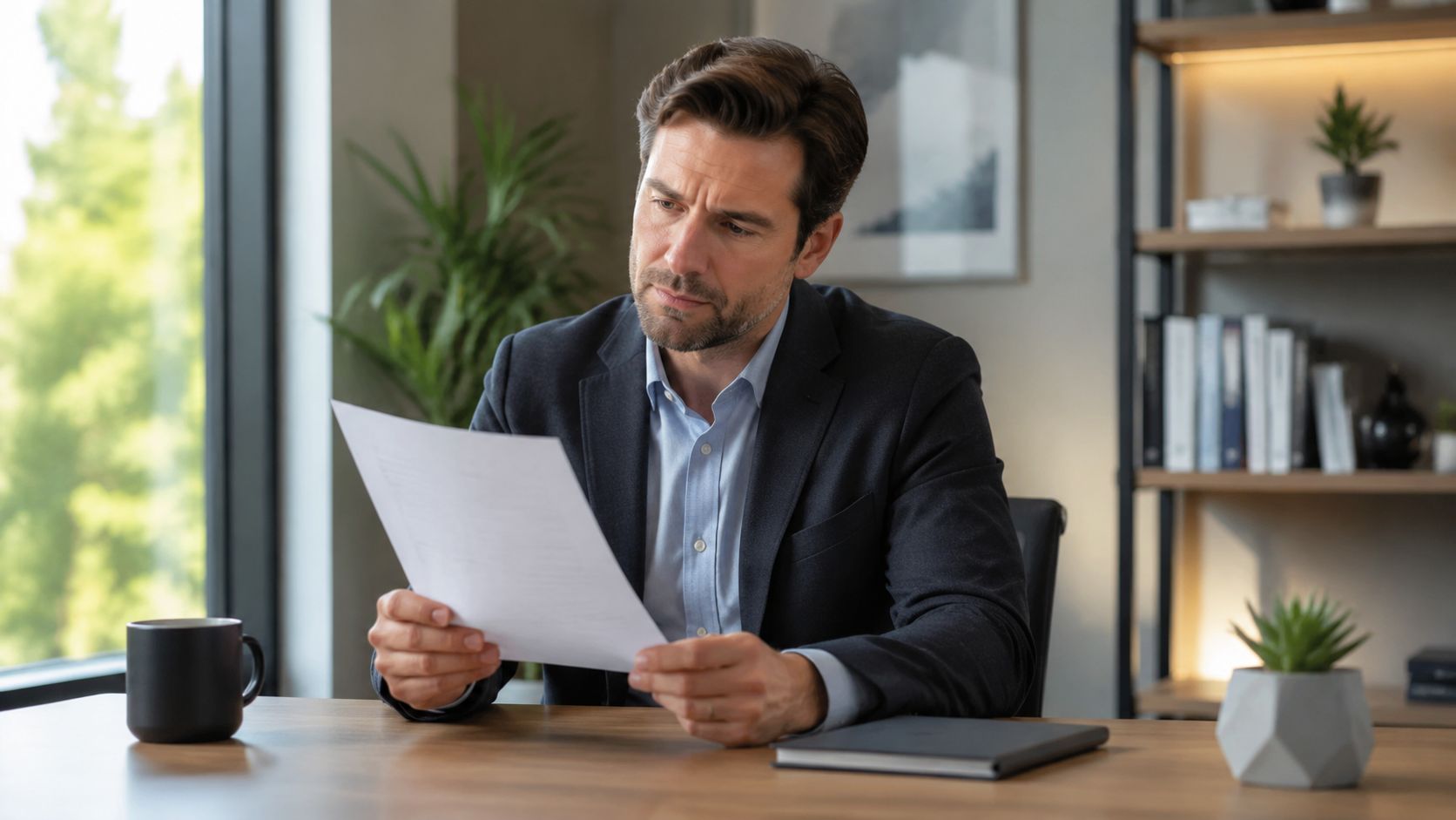A professional man in a suit reading a legal document while sitting at his office desk.