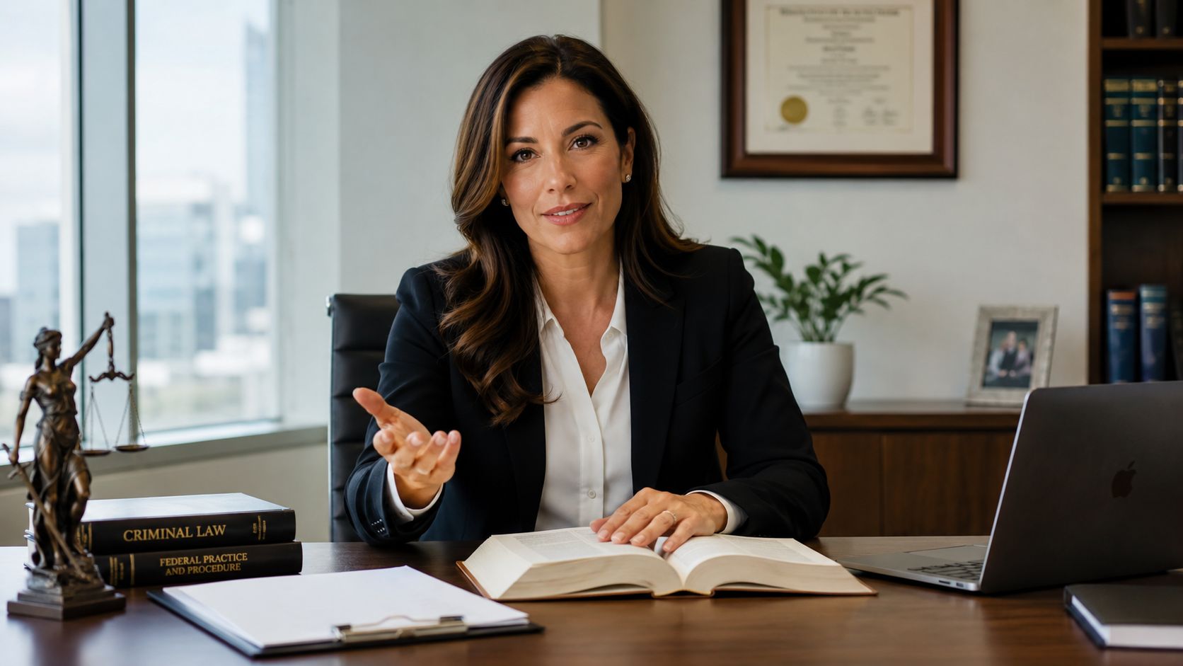 A professional female attorney sits at her desk with law books and a laptop in her office.