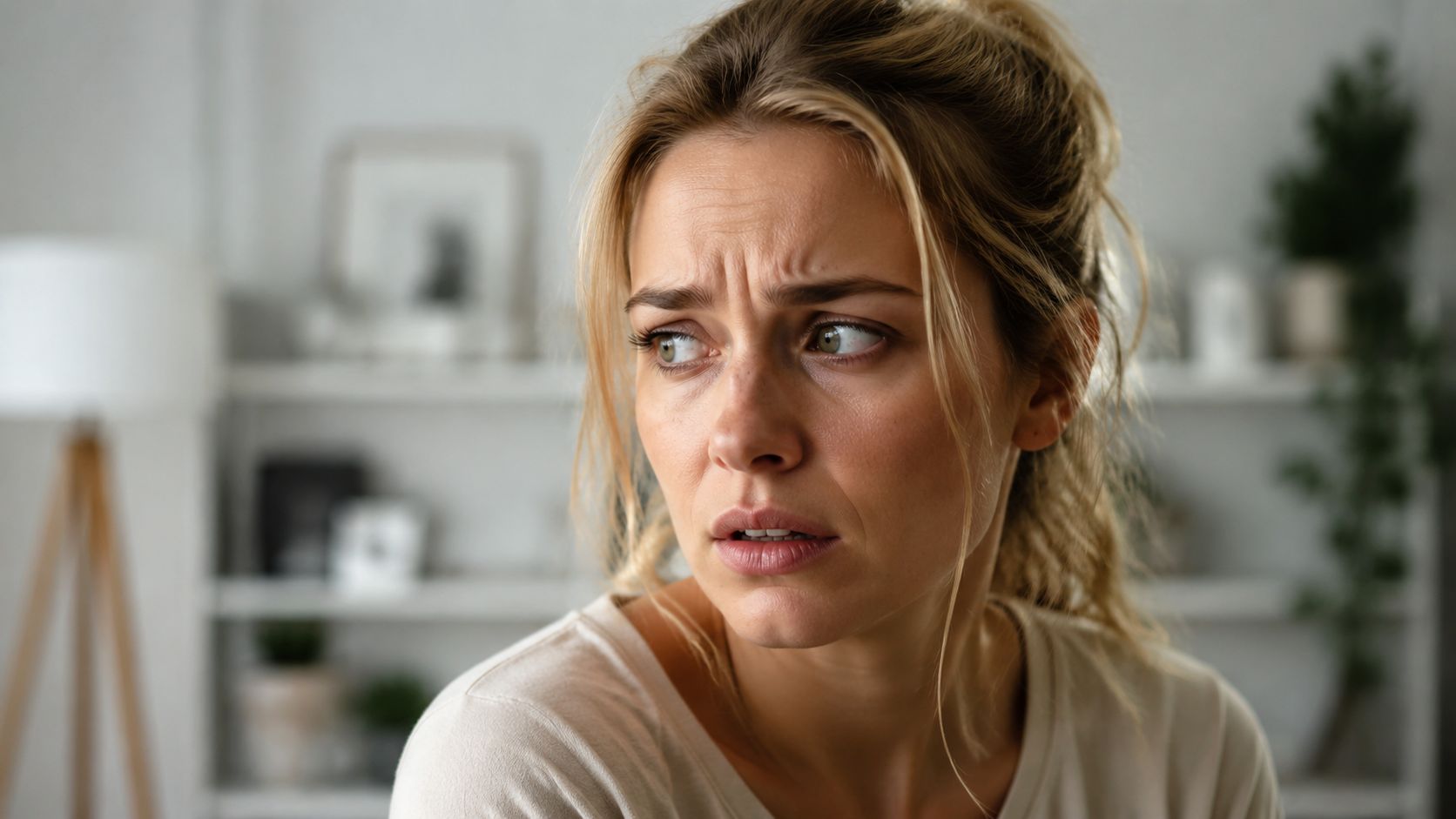 A worried woman with a distressed expression looks away in a blurred indoor home setting.