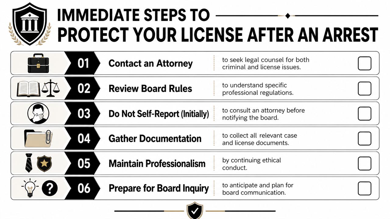 A checklist infographic titled Immediate Steps to Protect Your License After an Arrest, outlining six professional actions.