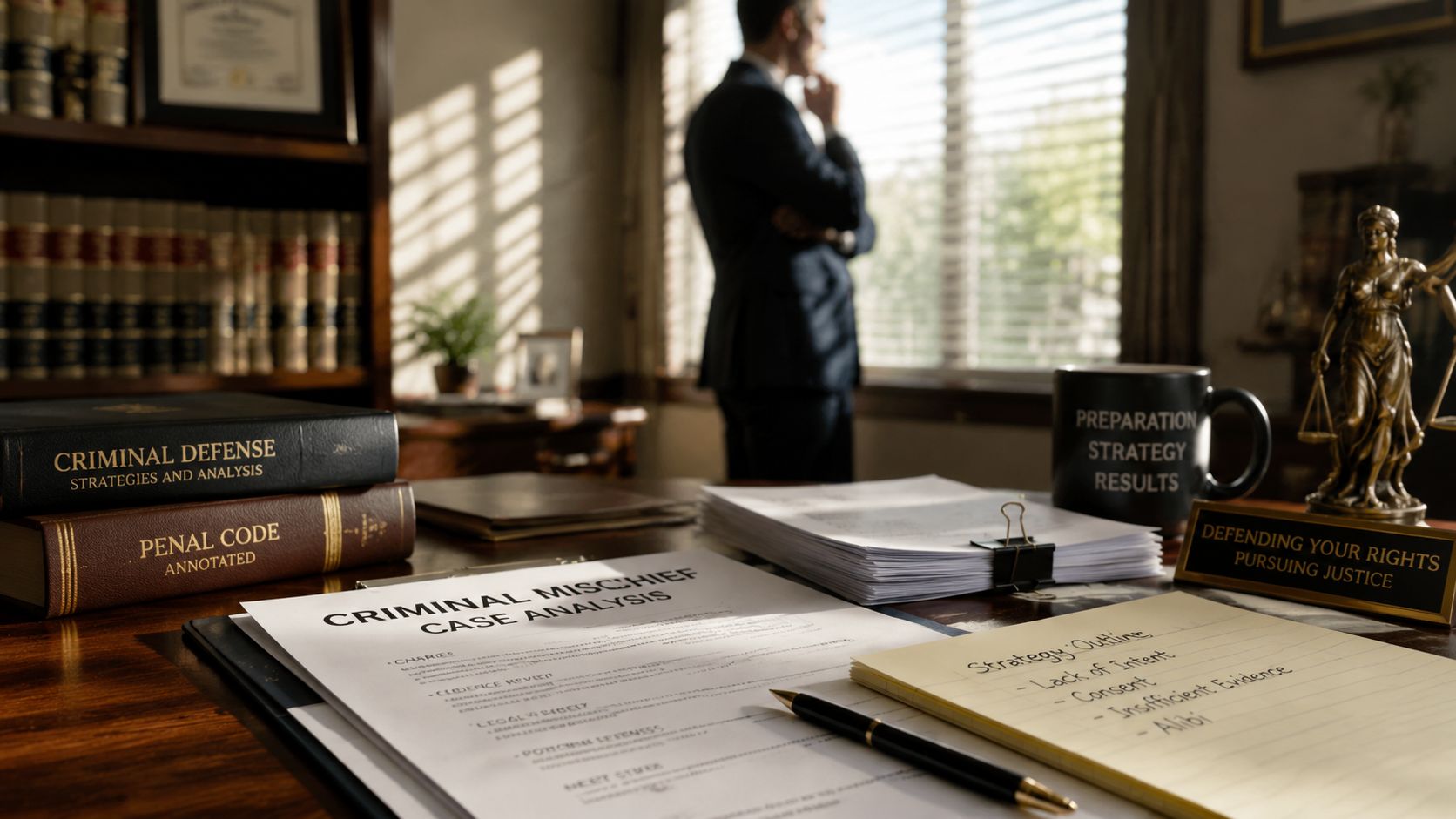 A professional legal office with a lawyer looking out the window, featuring legal books and a case analysis document.