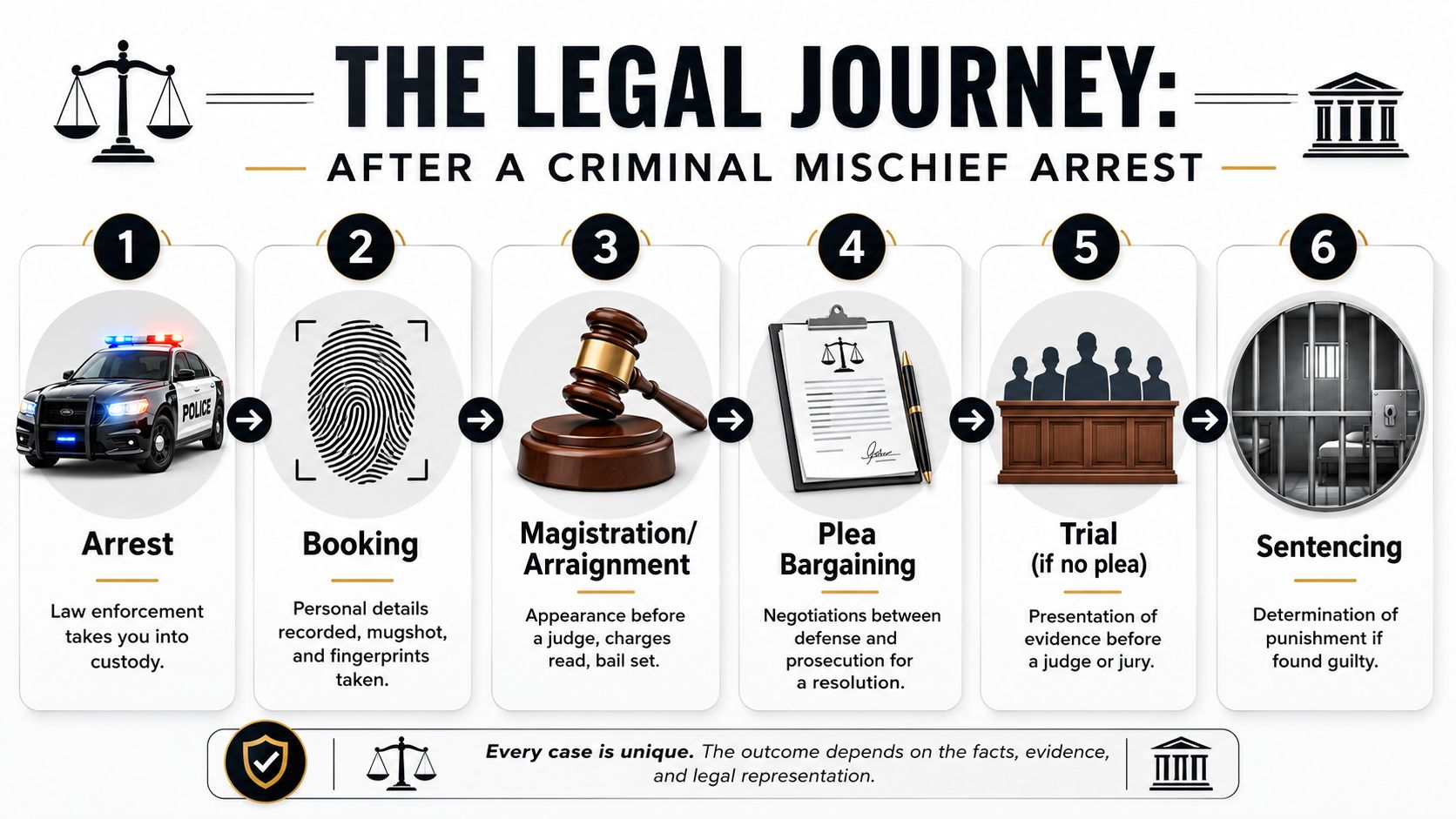 A six-step infographic illustrating the legal process for a criminal mischief arrest, from custody to sentencing.