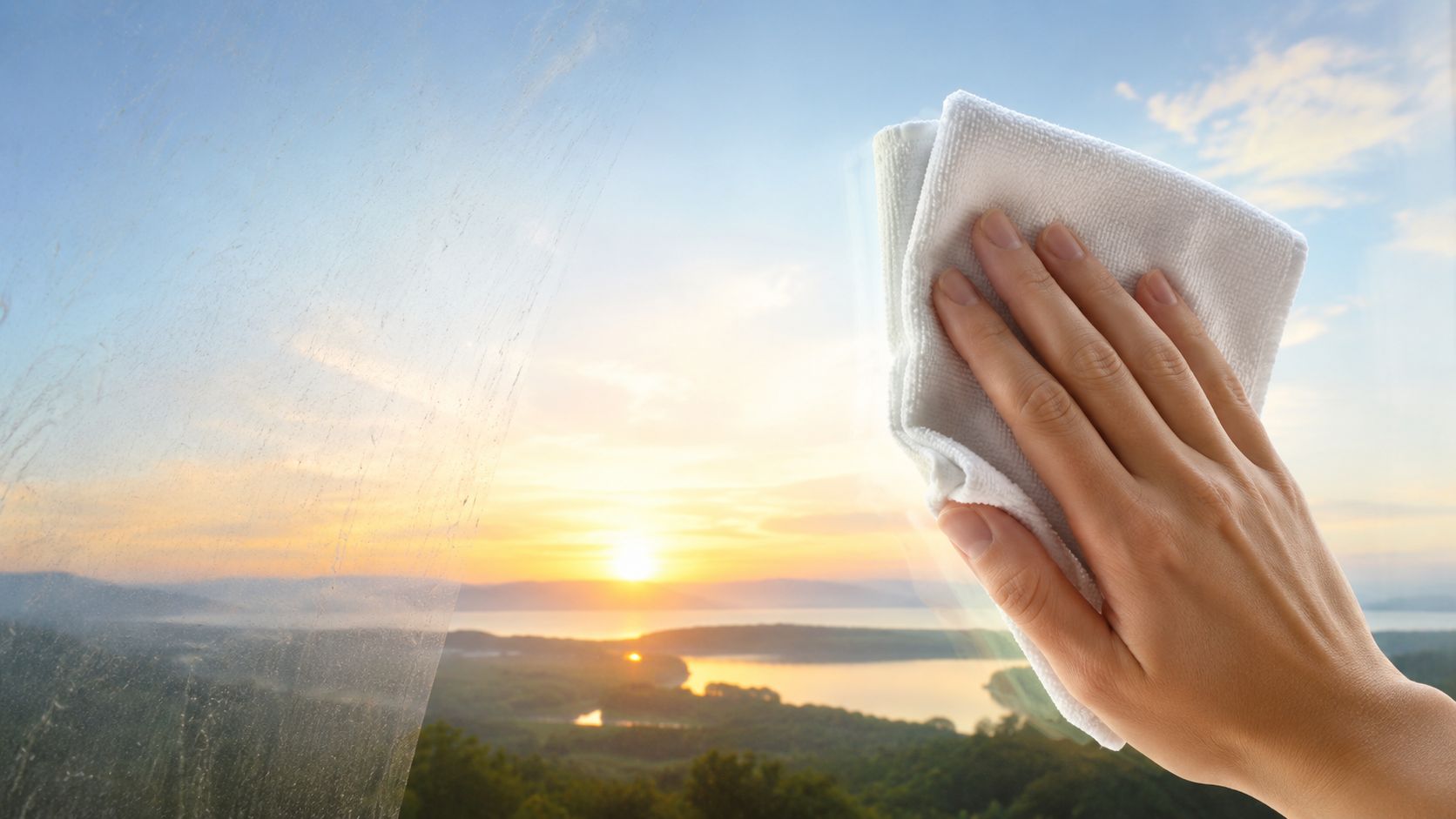 A hand wiping a dirty window to reveal a clear, scenic sunset landscape view.