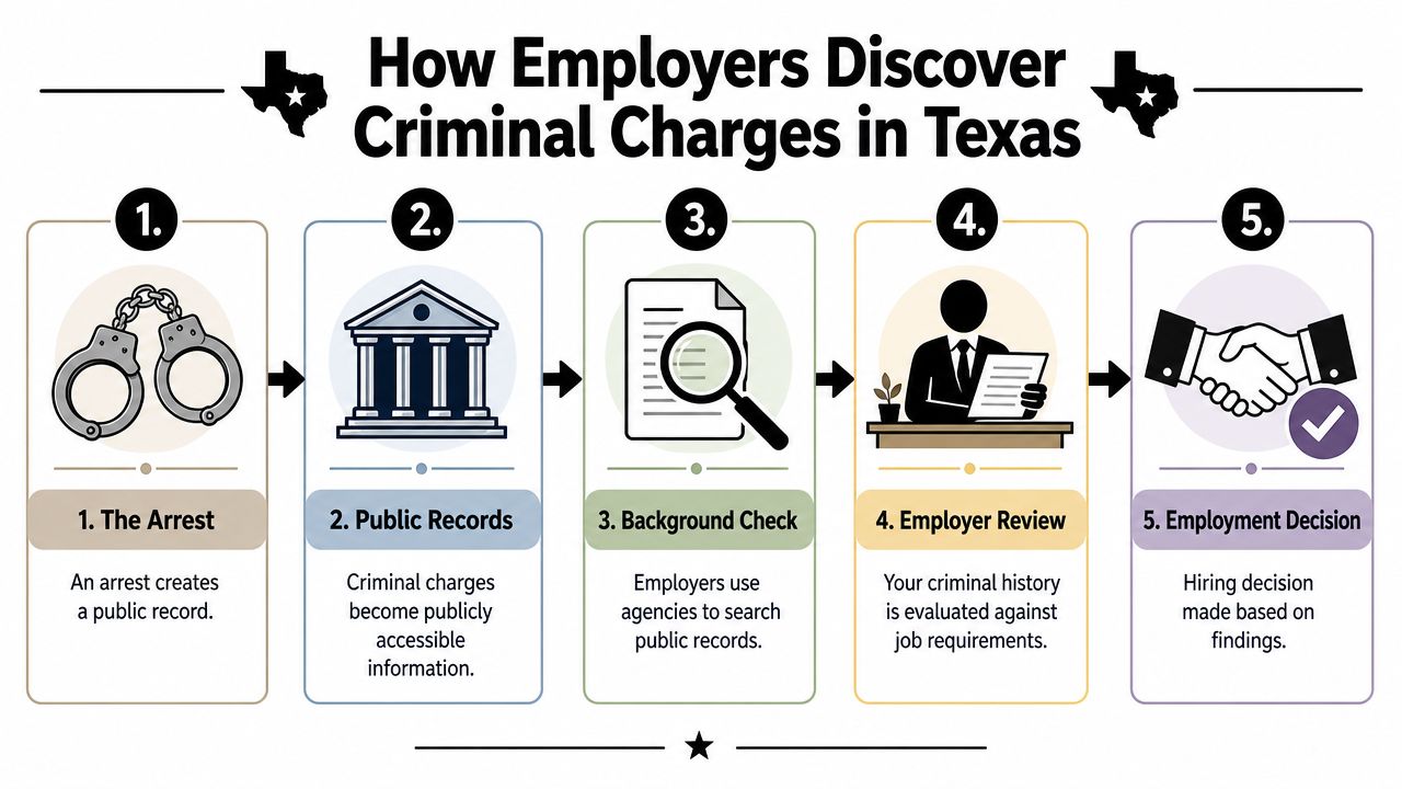 An infographic showing the five steps of how employers discover criminal charges during hiring in Texas.